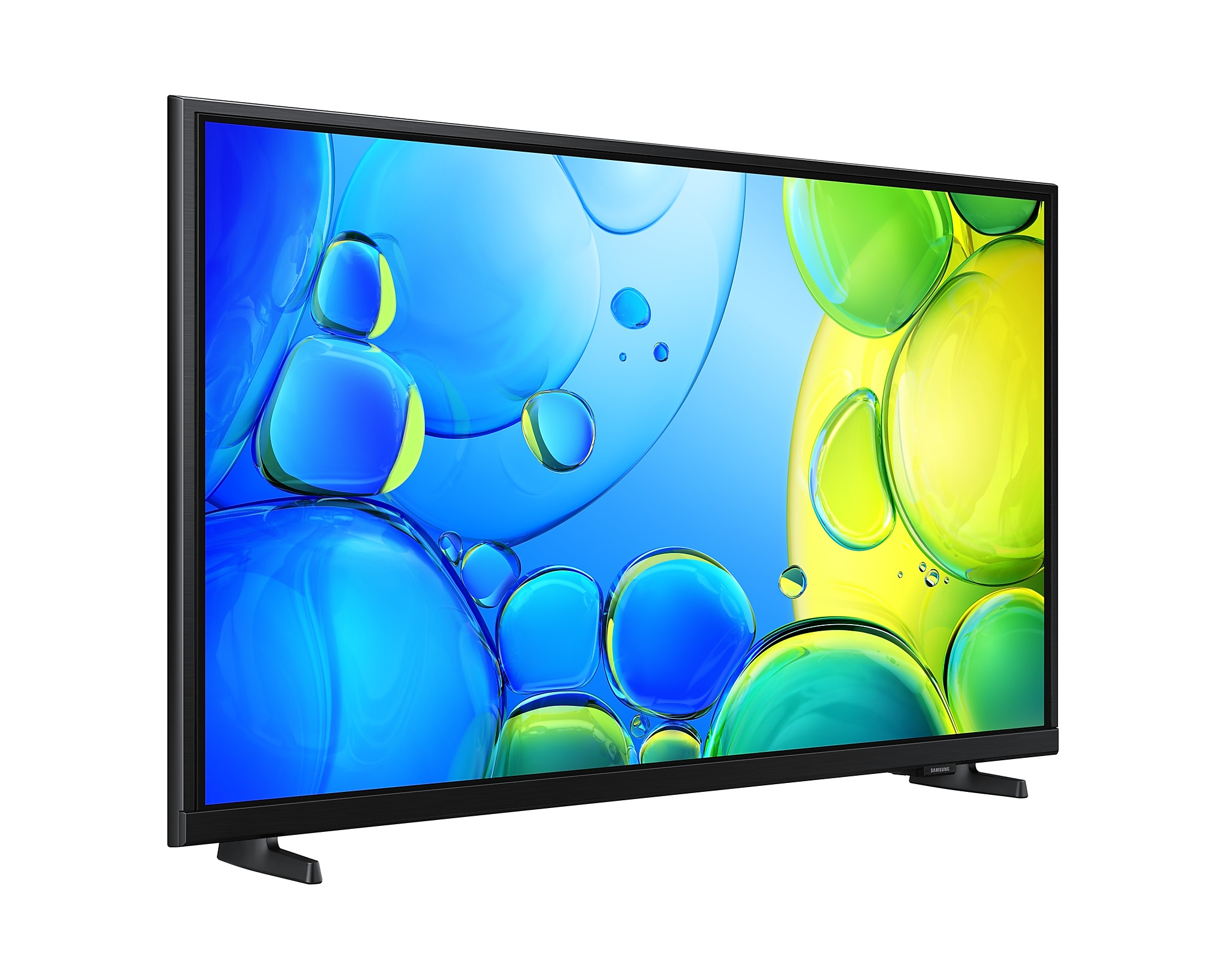 Samsung TV sárga és zöld buborékokat mutató képernyővel, kék háttérrel.