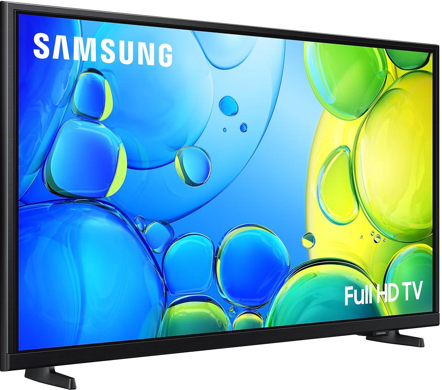 Egy fekete Samsung TV látható. A képernyő egy absztrakt kék és zöld mintát mutat.