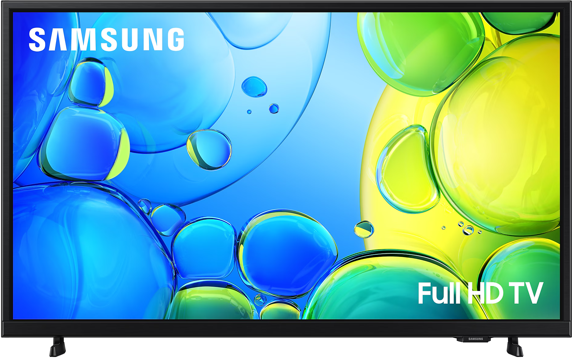 Samsung TV sárga és zöld buborékokkal kék háttéren, Full HD TV felirattal.