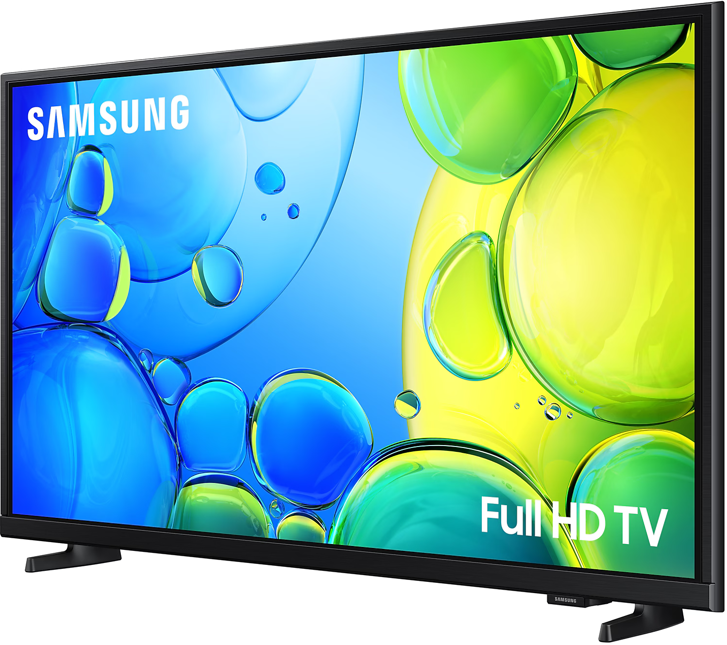 Fekete Samsung TV színes, absztrakt buborékokat jelenít meg kék-sárga háttéren. Full HD TV felirat.