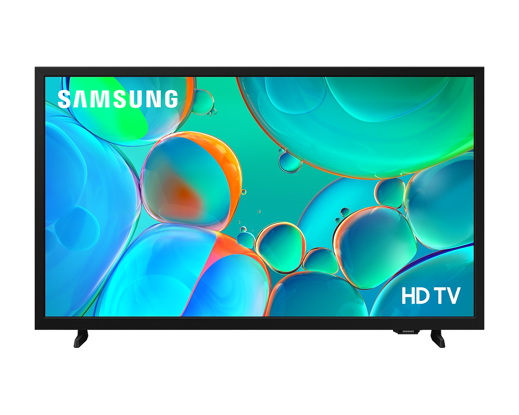 Egy Samsung HD TV. A képernyő színes buborékokat mutat türkiz háttérrel. Fekete keret.