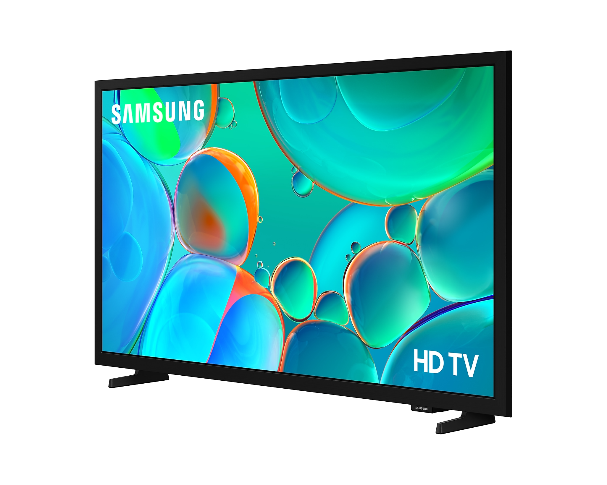 Fekete Samsung TV absztrakt buborékokat jelenít meg kék-zöld háttéren, 'HD TV' felirattal és Samsung logóval.