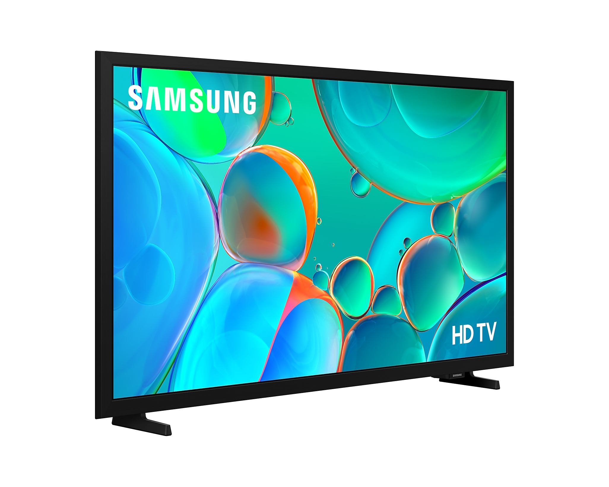Fekete Samsung TV absztrakt buborékokat jelenít meg kék-zöld háttéren. A képernyőn a "HD TV" felirat látható.