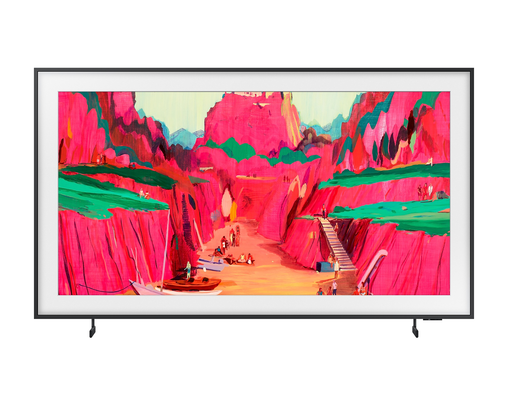 Egy Samsung TV egy tájképfestményt jelenít meg rózsaszín sziklákkal, zöld fákkal és alakokkal a víz közelében.