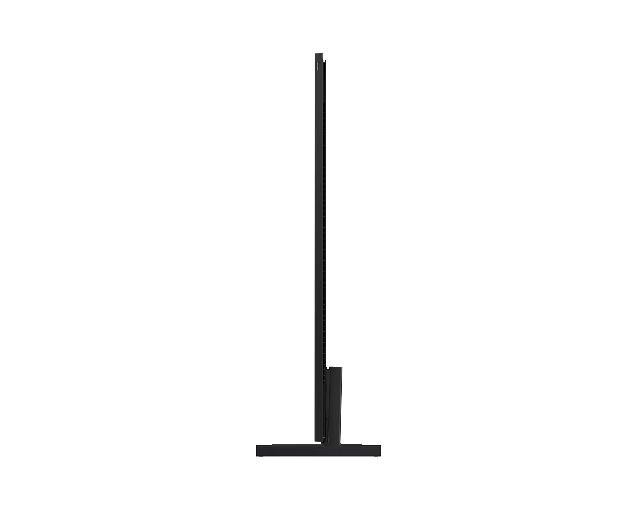 Egy fekete Samsung TV oldalsó profilja, állvánnyal, fehér háttérrel.