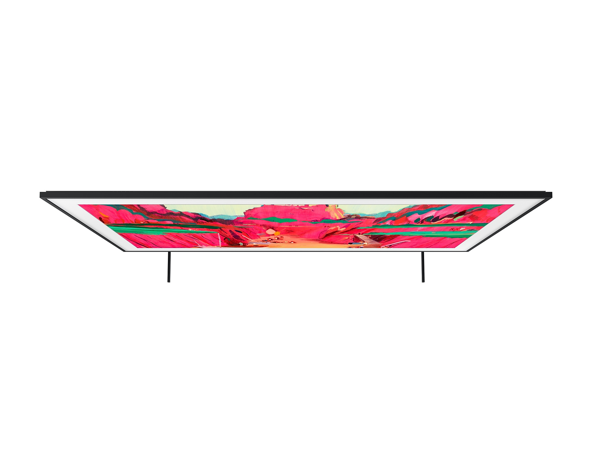 Egy Samsung TV felülről látható, egy tájképfestményt mutat rózsaszín sziklákkal és zöld fákkal.