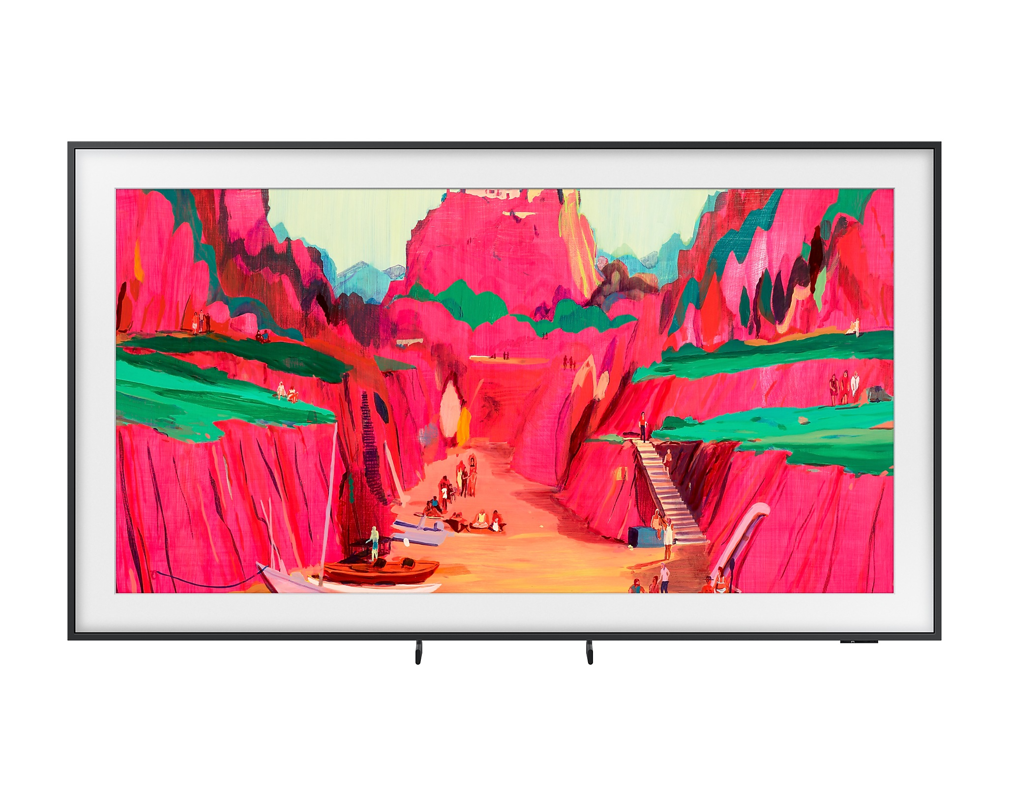 A TV egy színes festményt jelenít meg egy kanyonról, figurákkal és hajókkal. Fekete kerete van.