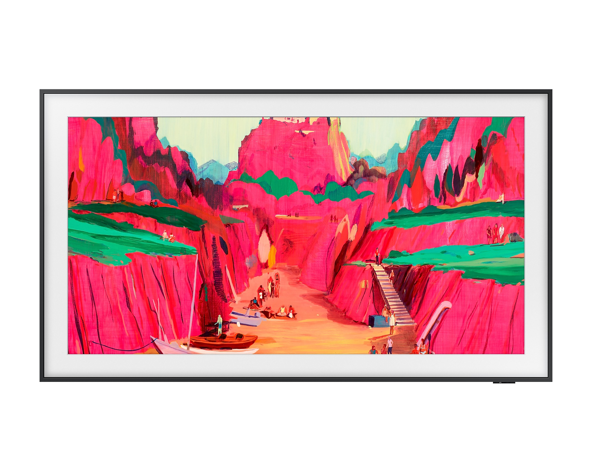 Egy Samsung TV egy színes tájkép festményét mutatja be.