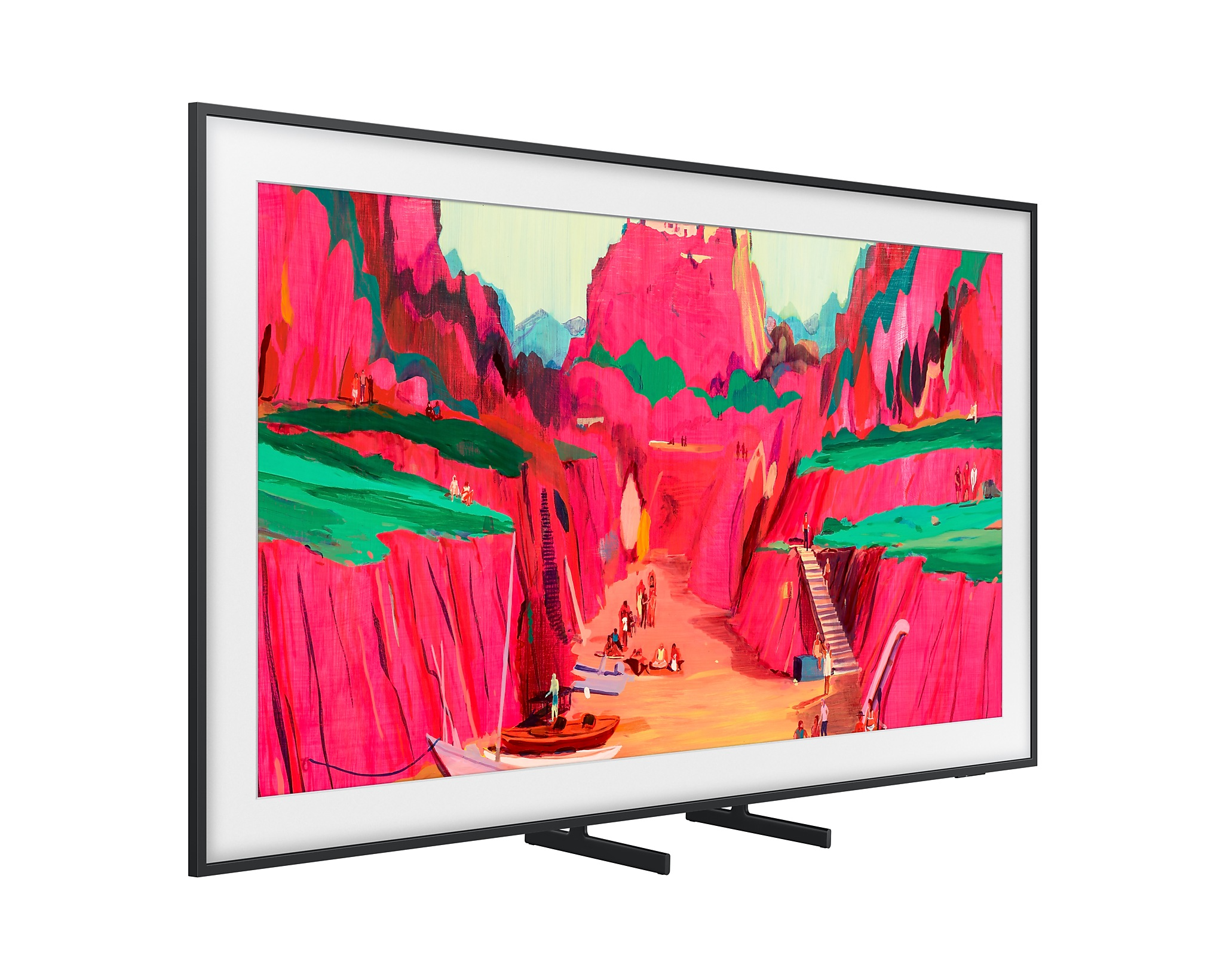 Egy TV képernyő egy színes tájkép festményével.