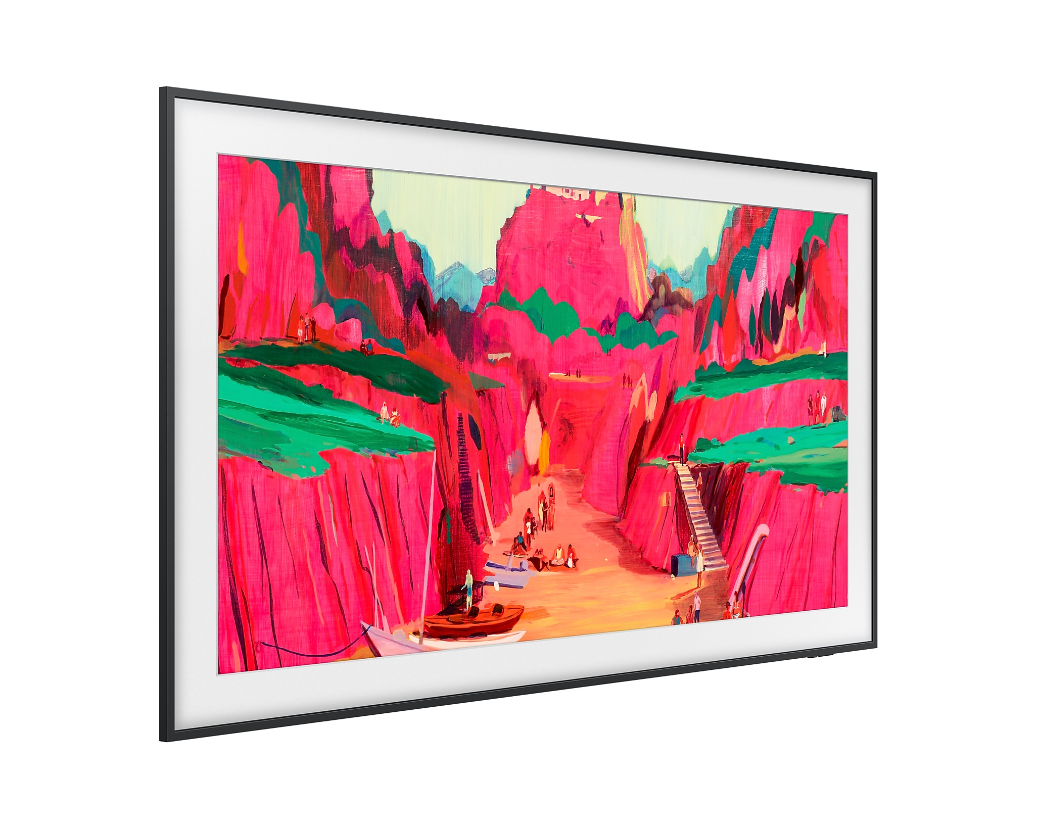 TV képernyő tájkép festményével fekete keretben. Fehér háttér.