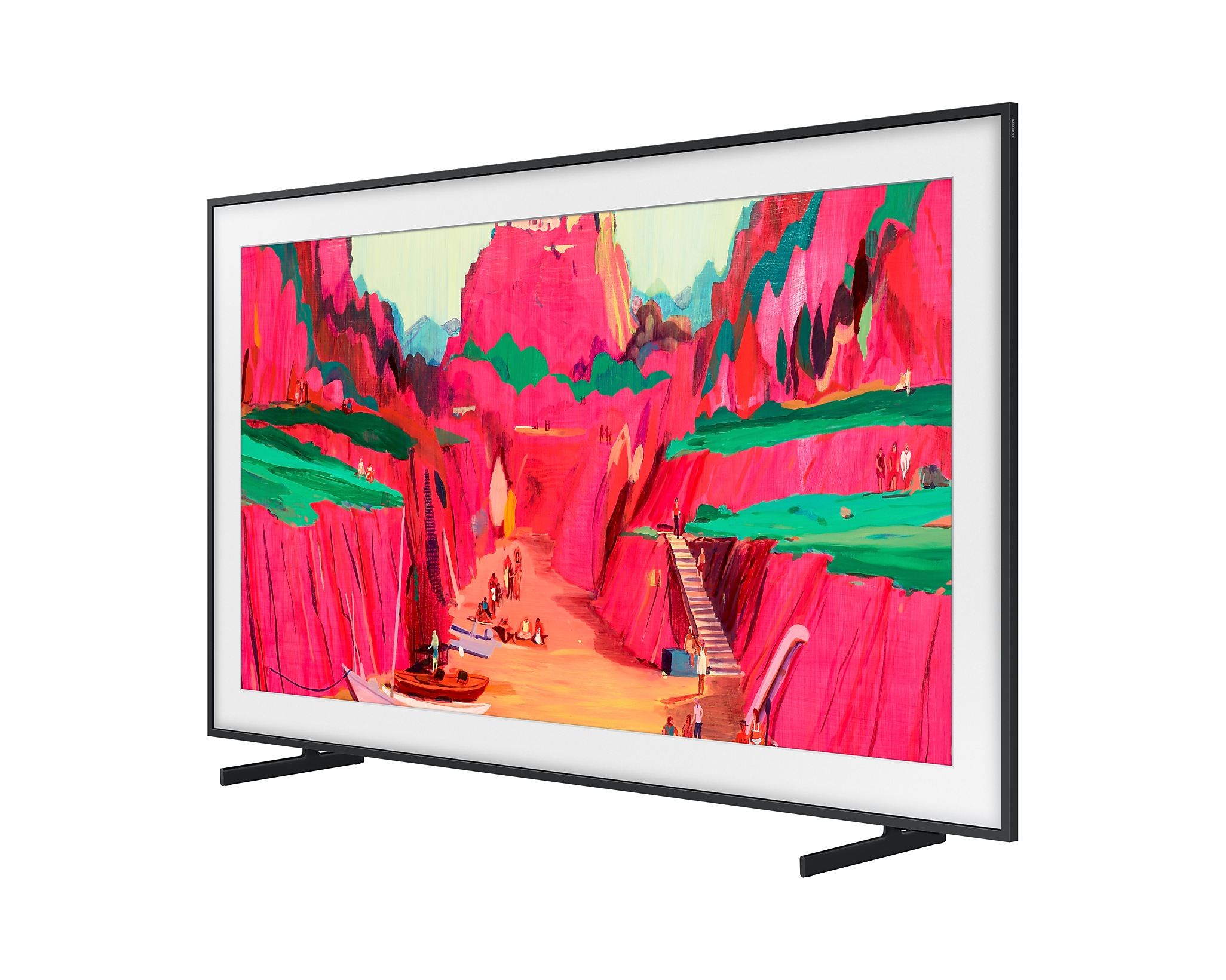 Samsung Frame TV színes festményt jelenít meg fehér kereten, fekete állvánnyal.