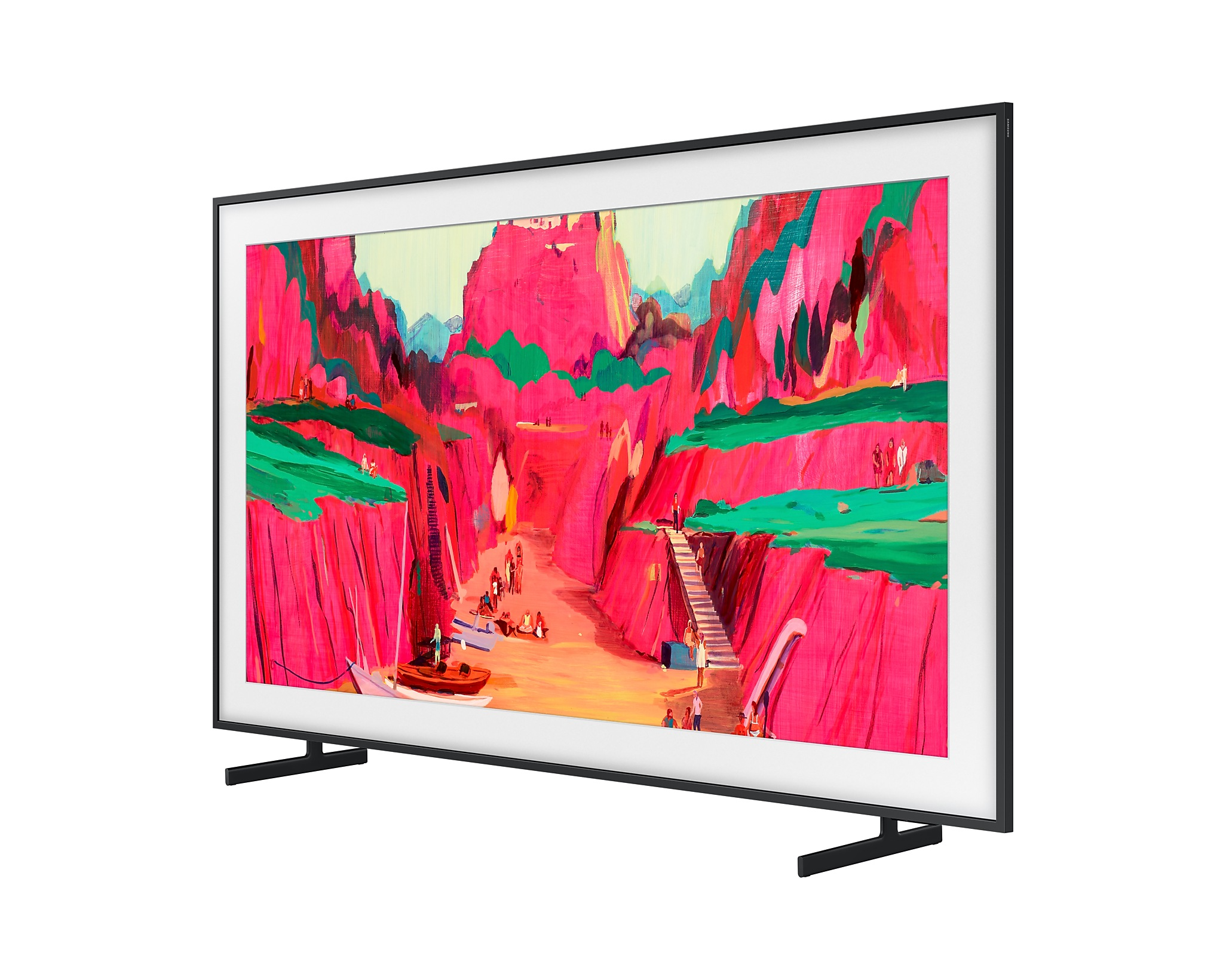 TV egy kanyon festményével, oldalsó szögből. Fekete keret és állvány látható.