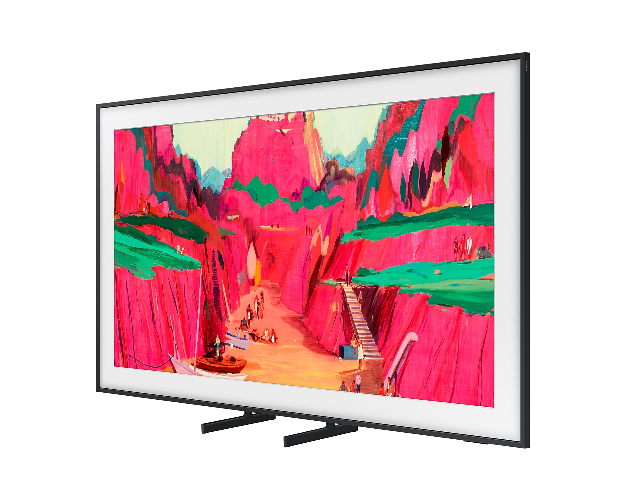 Egy nagy síkképernyős TV fekete kerettel, ferdén fehér háttér előtt, színes festményt mutatva.