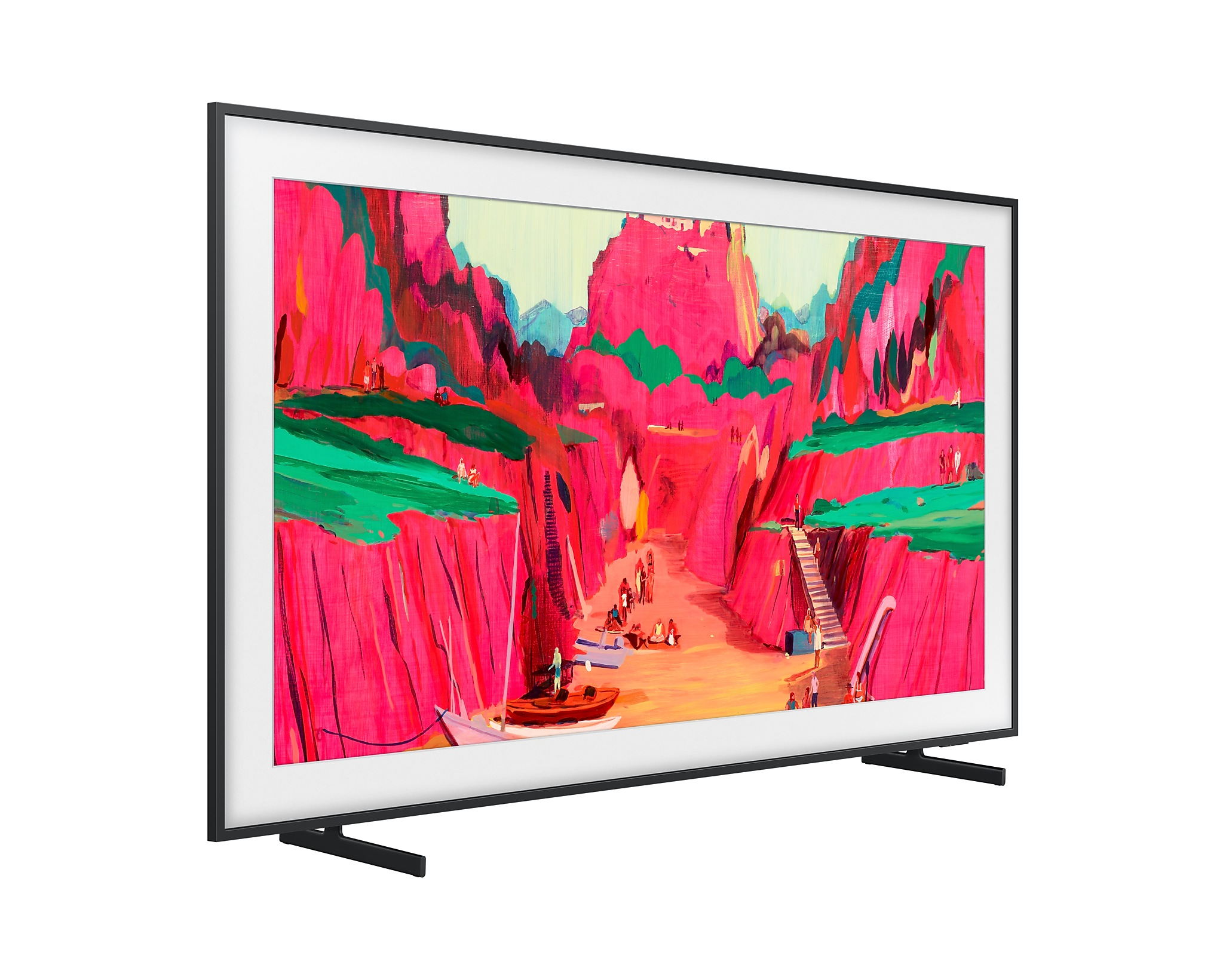 TV egy kanyon festményével, szögből nézve. Fekete keret és állvány látható.