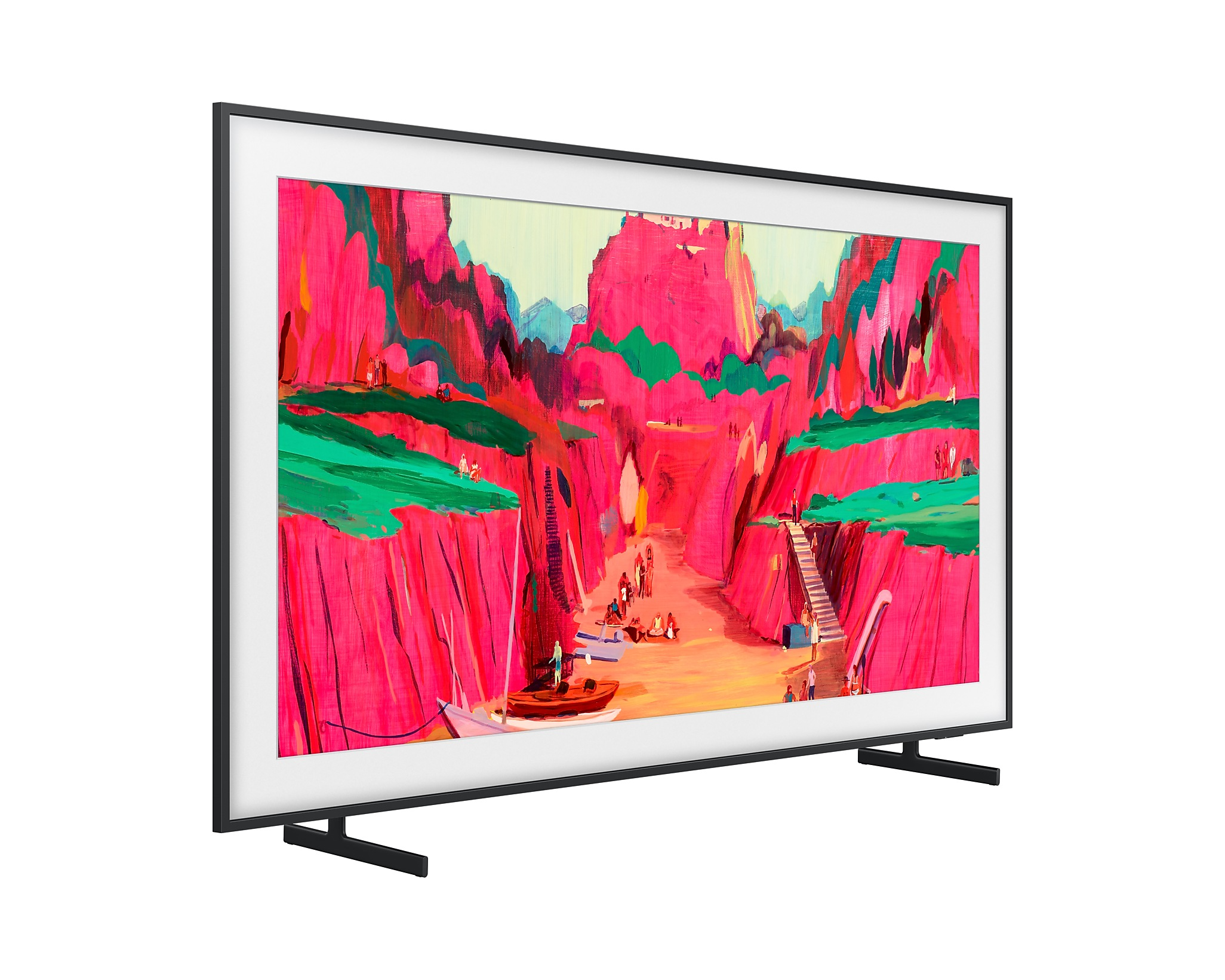 Egy modern TV színes, absztrakt tájképet jelenít meg. A TV fekete kerettel és állvánnyal rendelkezik.