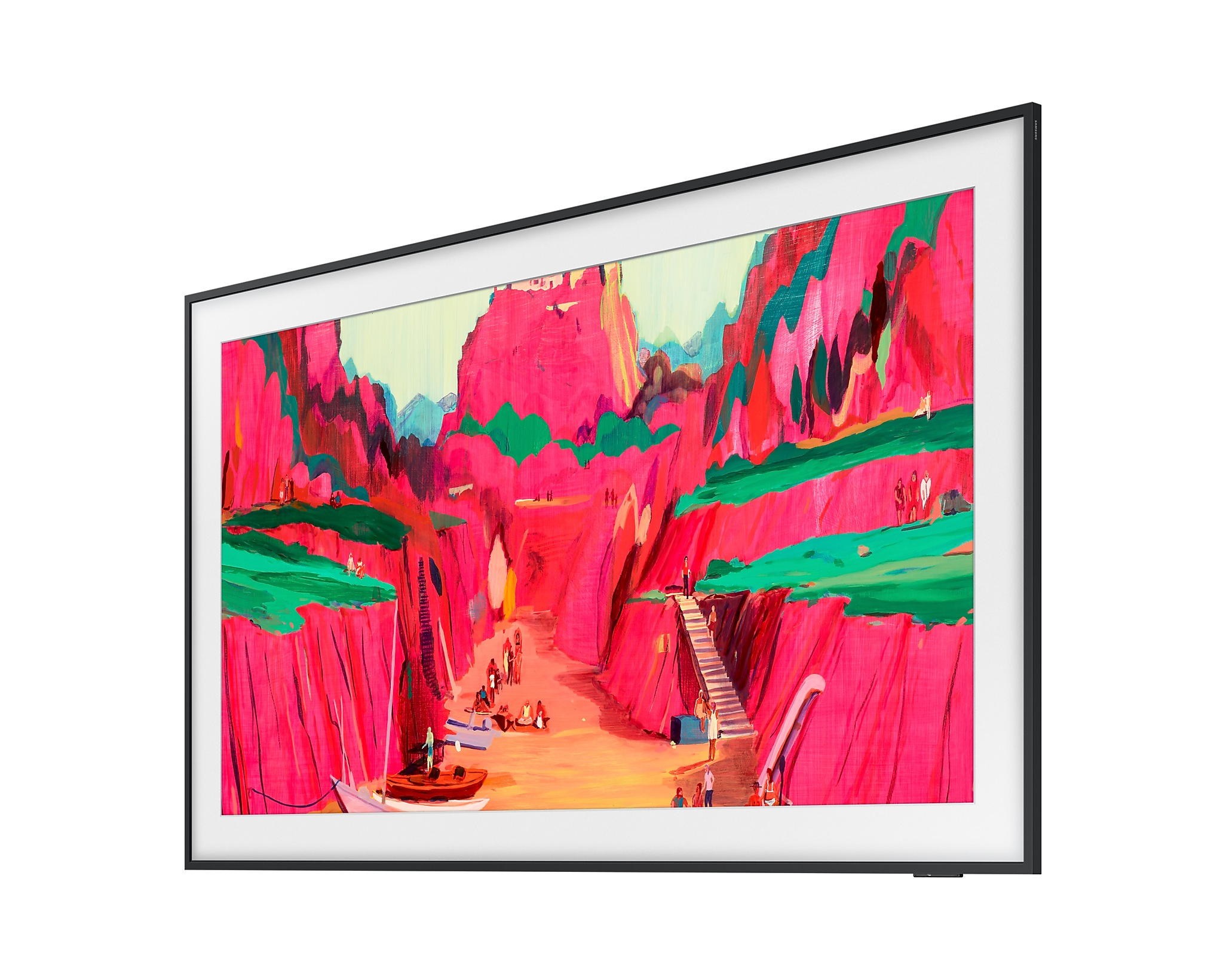 Egy fekete keretes Samsung TV, amely egy színes kanyon festményt jelenít meg.