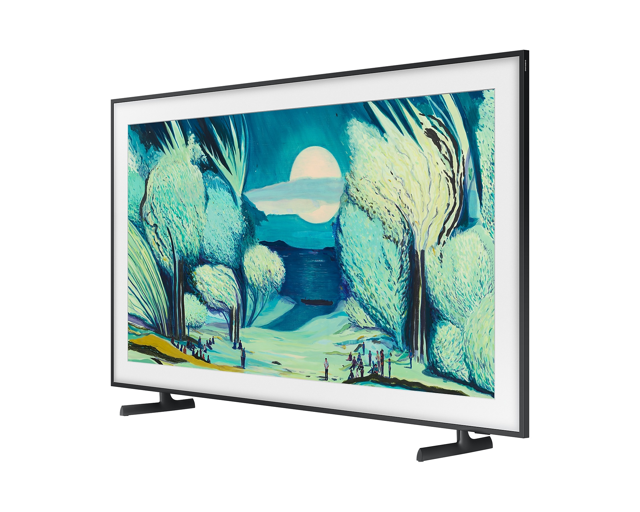 A TV egy holdfényes táj festményét mutatja fákkal és alakokkal. Fekete keret látható.