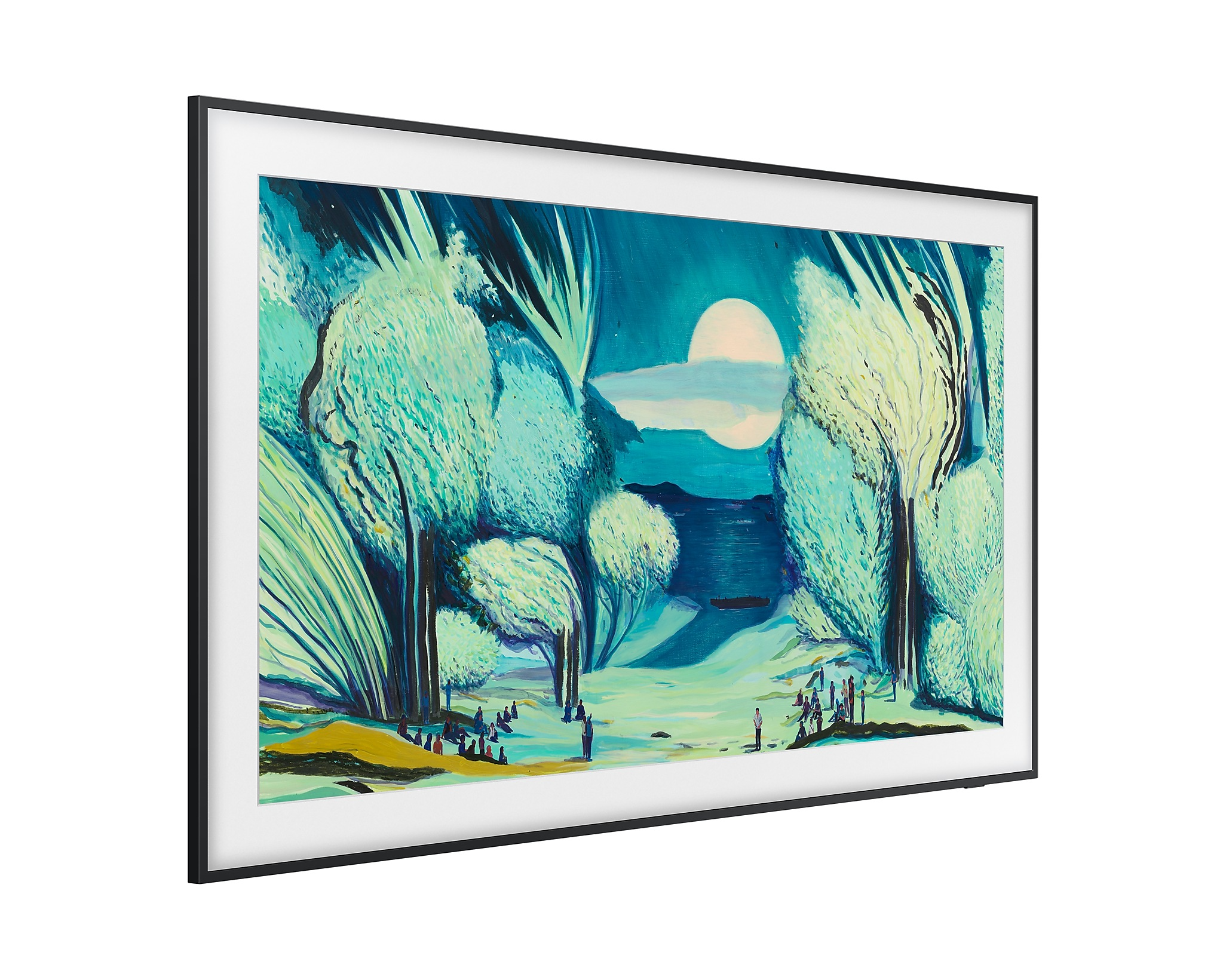 TV egy éjszakai jelenet festményével, holddal és fákkal.