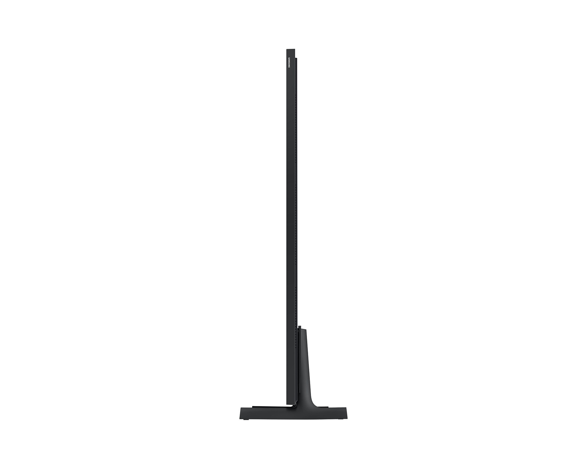 Egy Samsung TV fehér háttéren, oldalprofilból nézve.