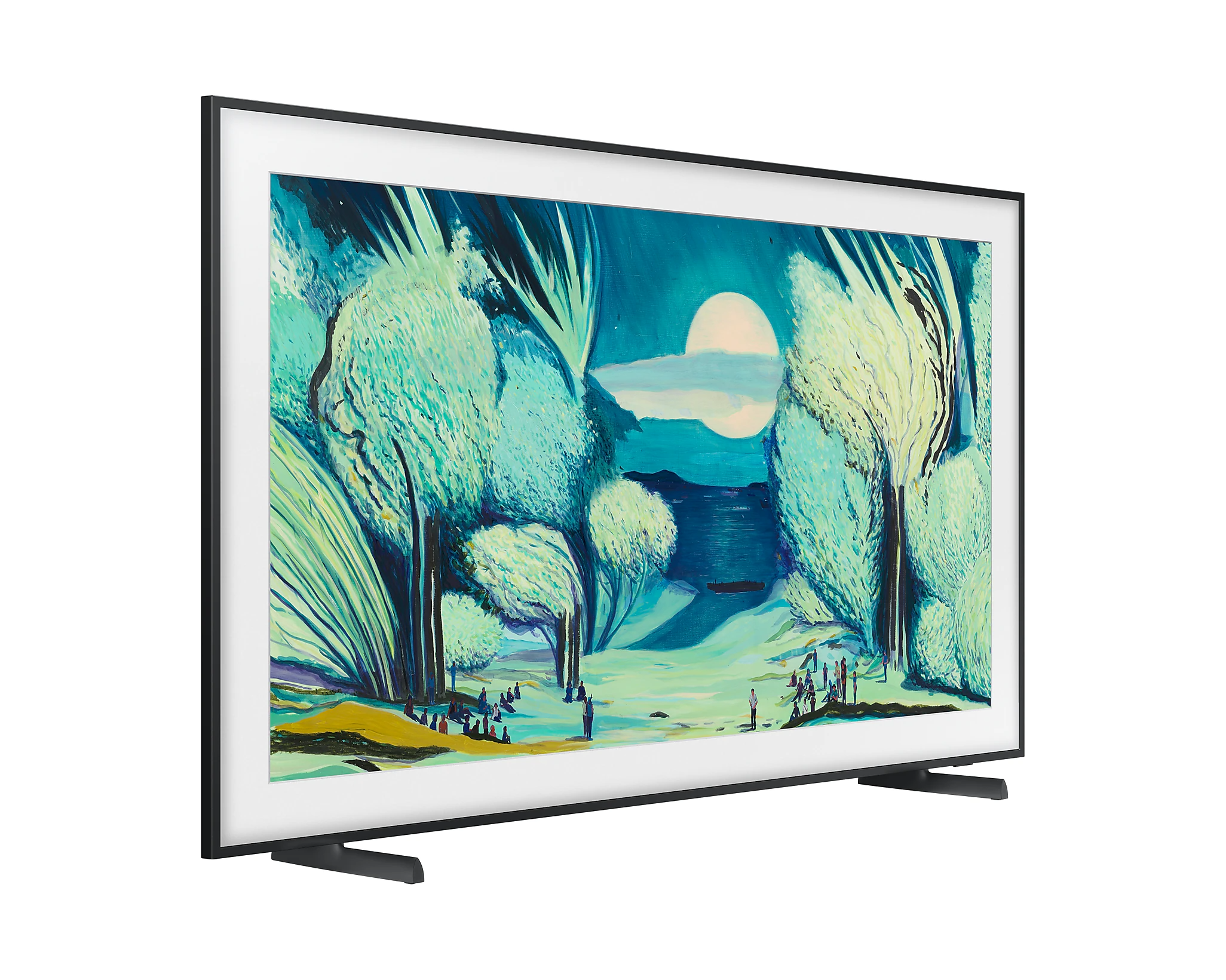 Egy modern TV egy tájkép festményével, fehér kerettel és fekete állvánnyal.