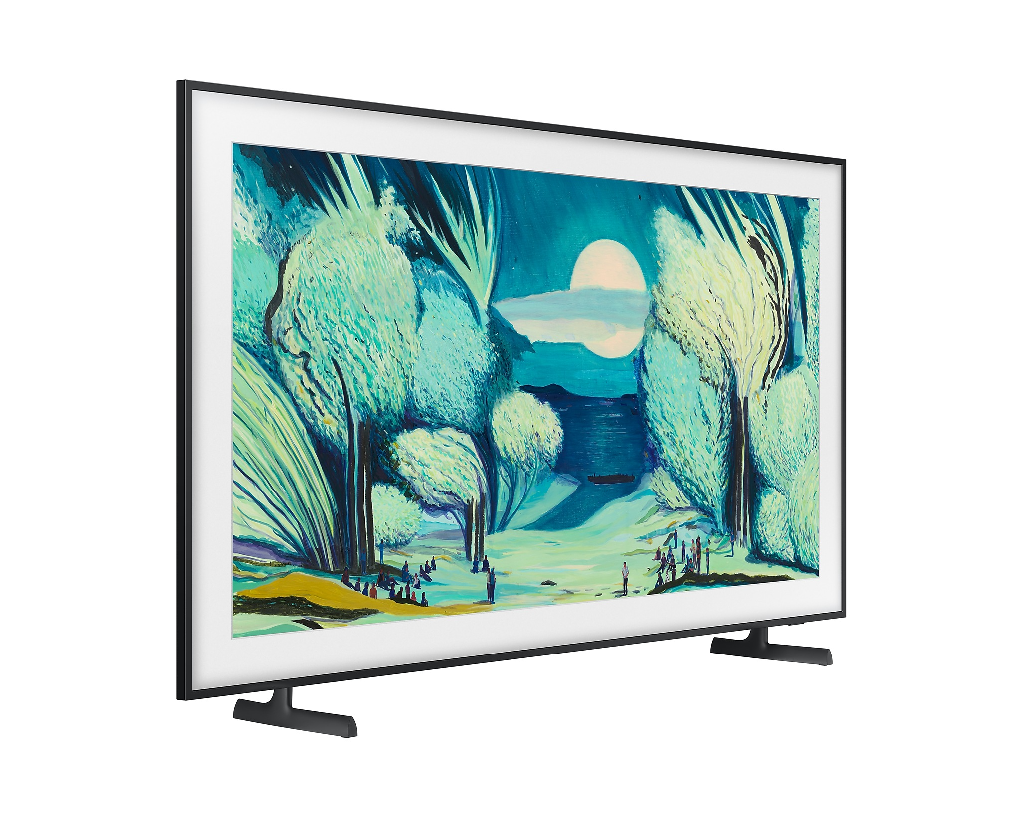 TV tájképfestményt mutat, állványon, fehér kerettel.