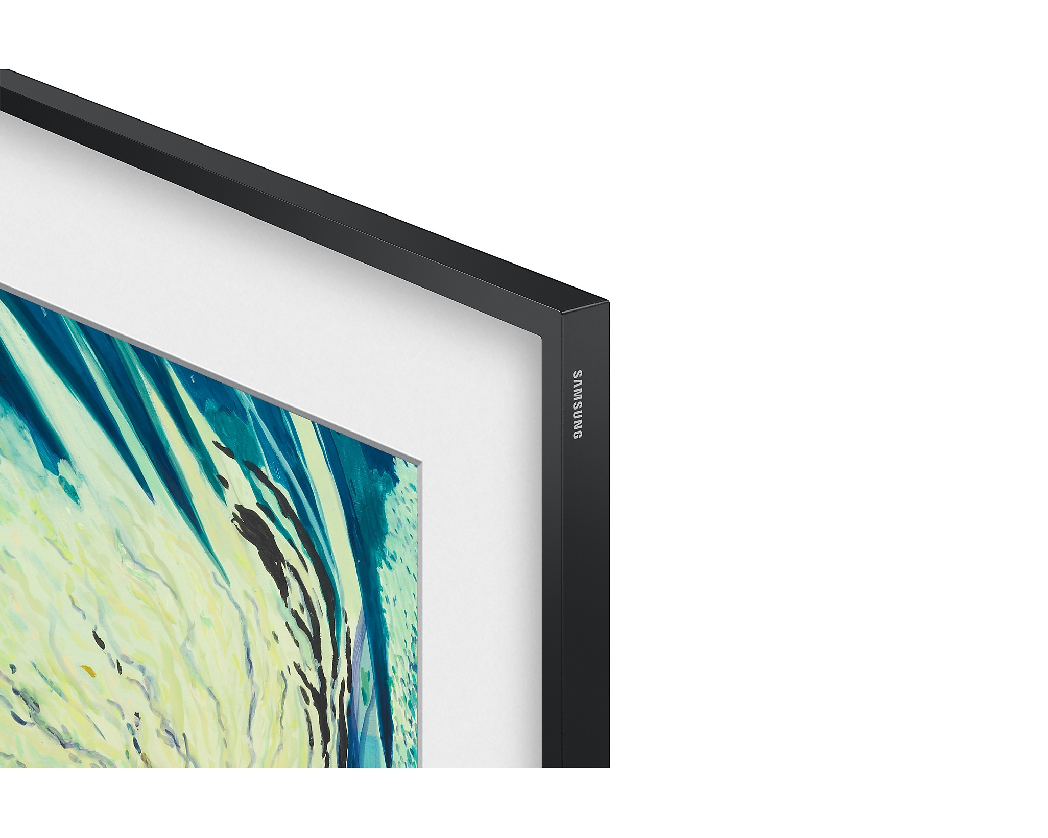 A Samsung TV keretének közeli képe, a márkanévvel.