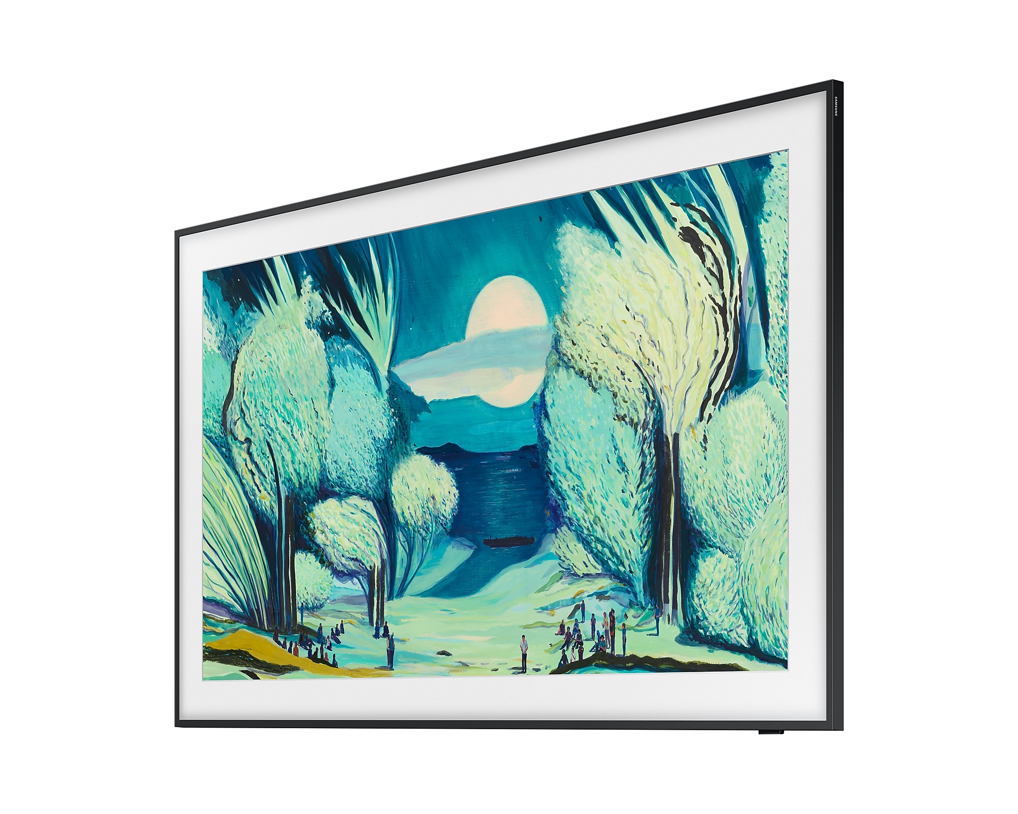 Egy fekete keretű TV egy holdfényes táj festményét mutatja fákkal és figurákkal. A keret enyhén szögben áll.
