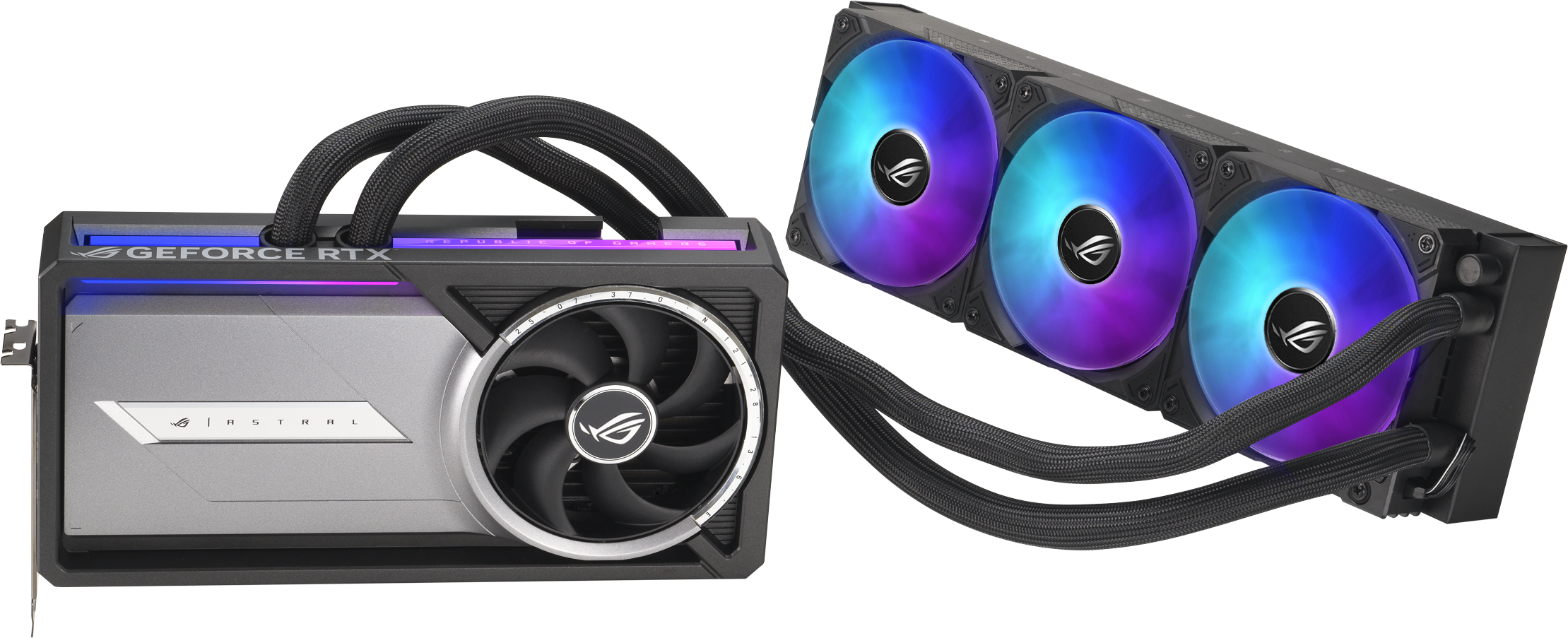 Carte graphique avec un seul ventilateur et un système de refroidissement. "GEFORCE RTX" et "ROG" sont visibles.