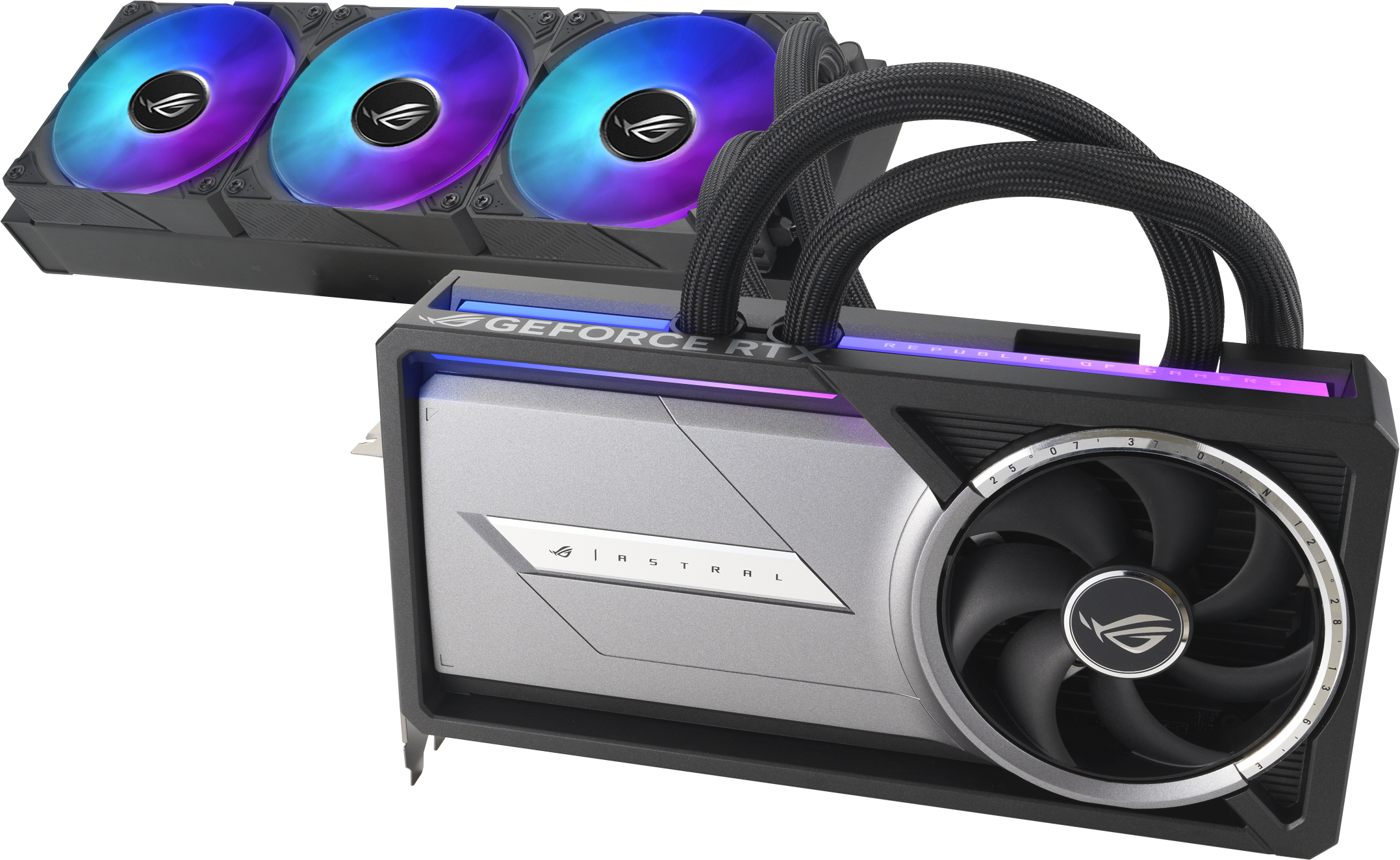 Carte graphique avec un ventilateur et refroidisseur à trois ventilateurs. "GEFORCE RTX", "ROG" et "ASTRAL" sont visibles.