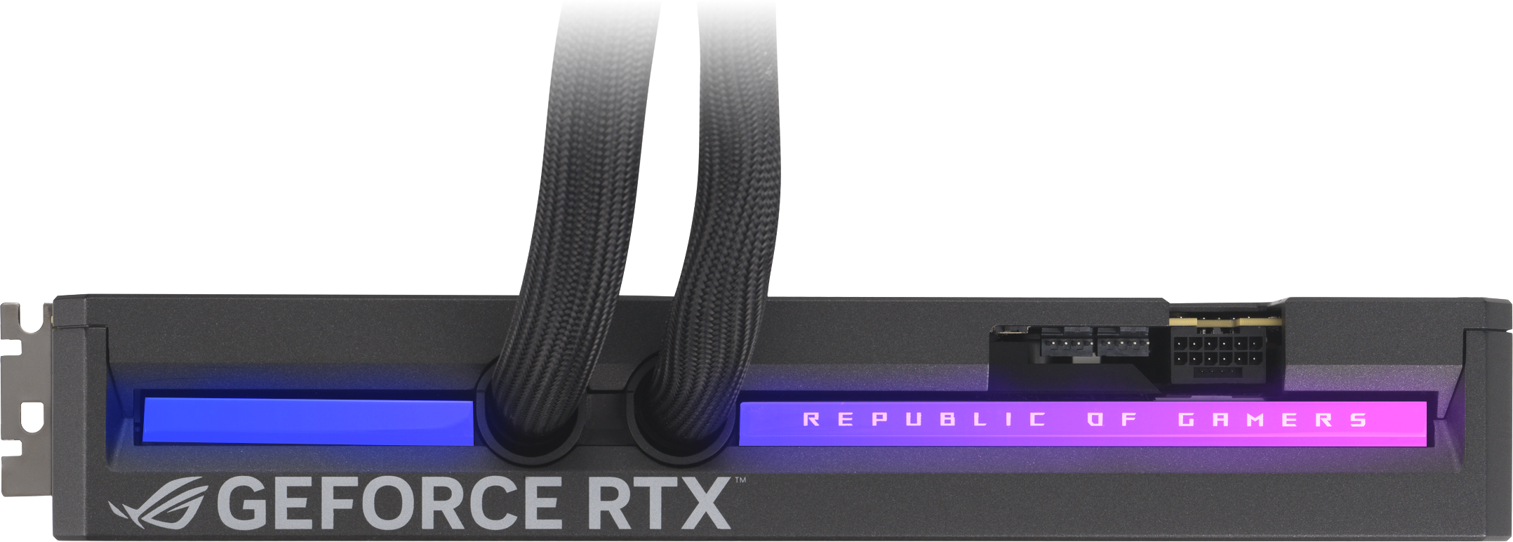 Carte graphique avec lumières et texte "Republic of Gamers". "GEFORCE RTX" est également visible.