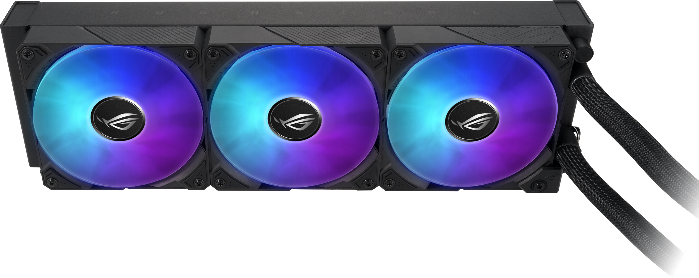 Trois ventilateurs avec éclairage RVB. Chaque ventilateur a le logo ROG.