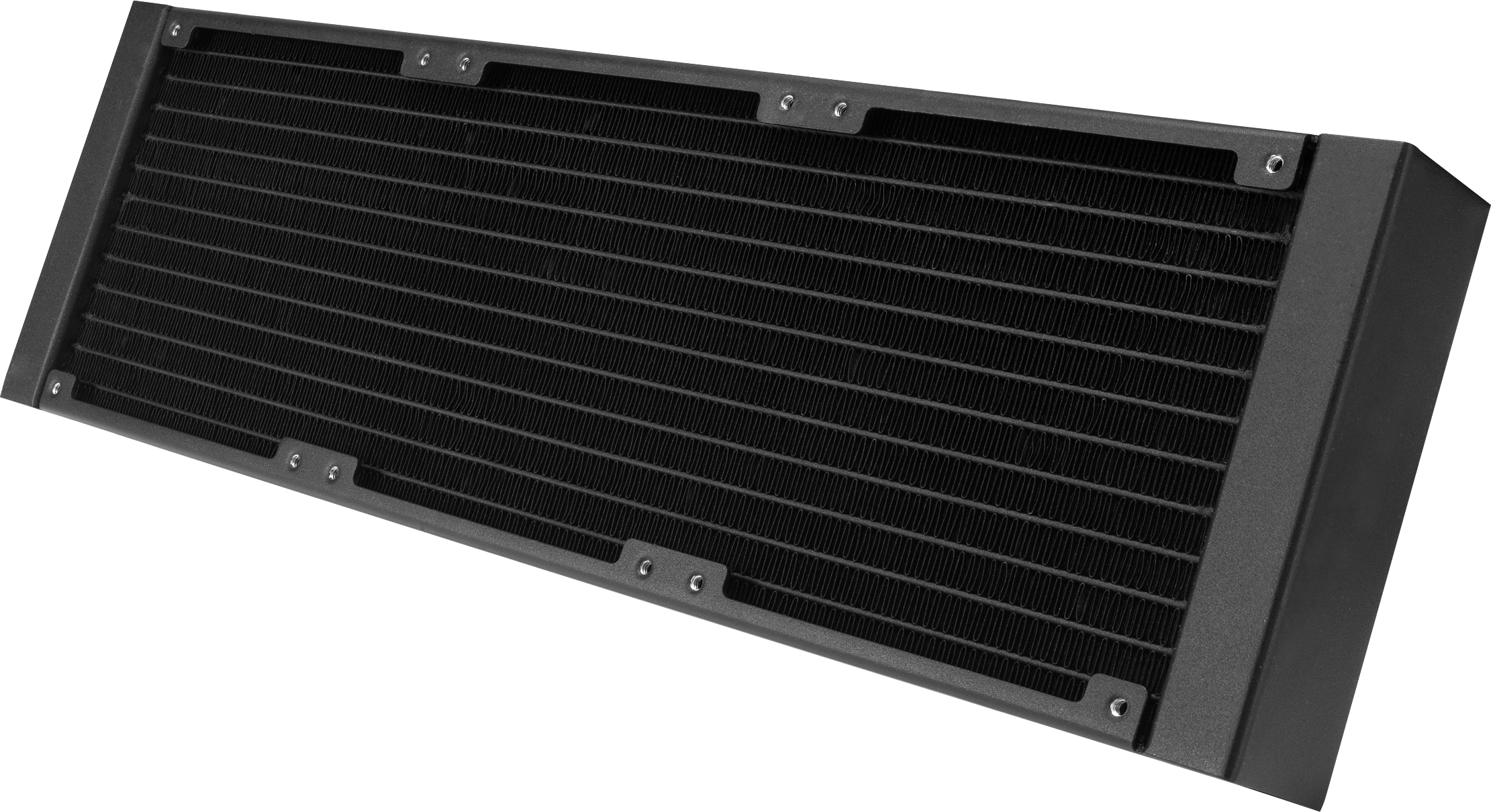 Un radiateur noir avec des ailettes pour le refroidissement. Il a des trous de montage.
