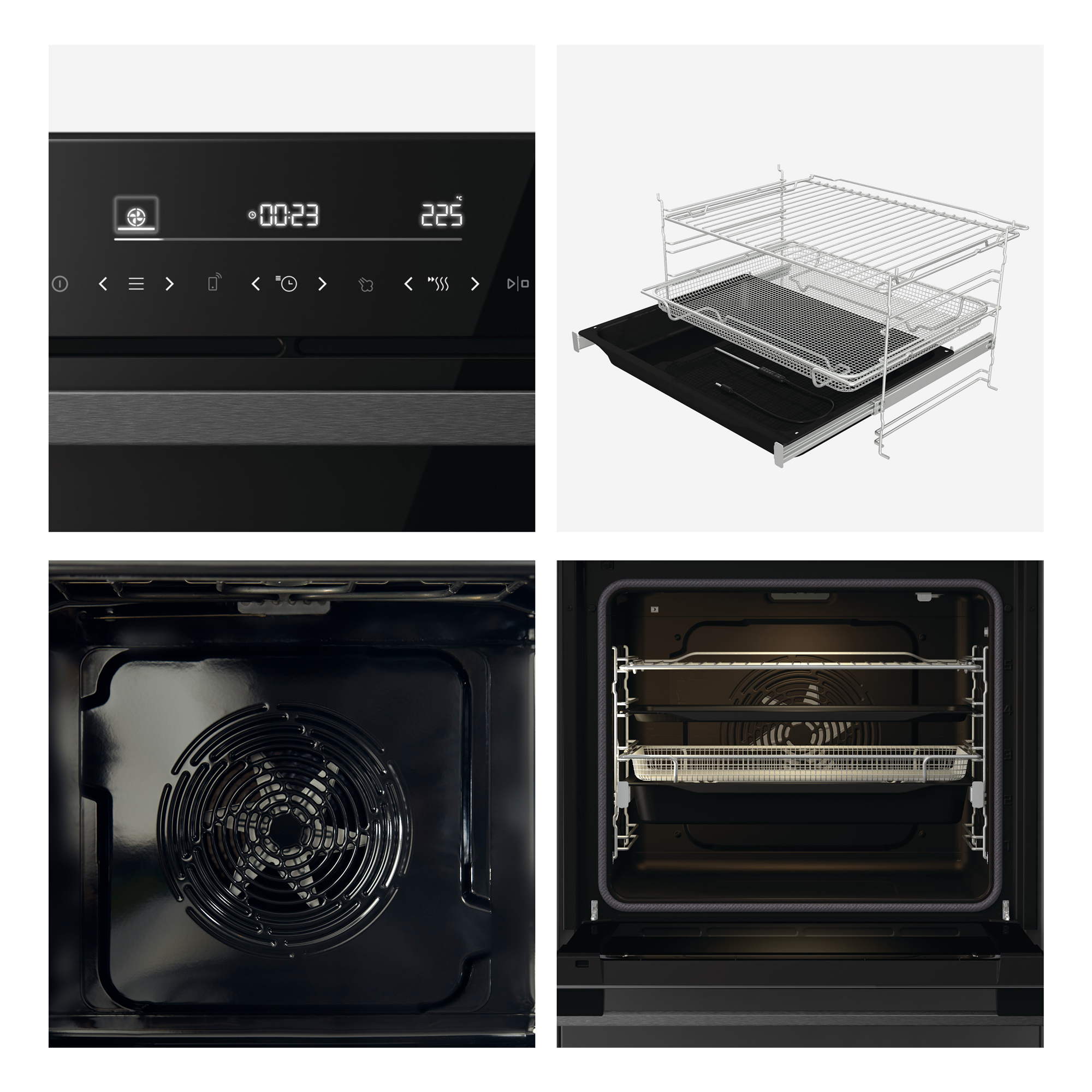 Cuatro imágenes de un horno, que muestran el panel de control, las rejillas, el ventilador interior y la vista interior.