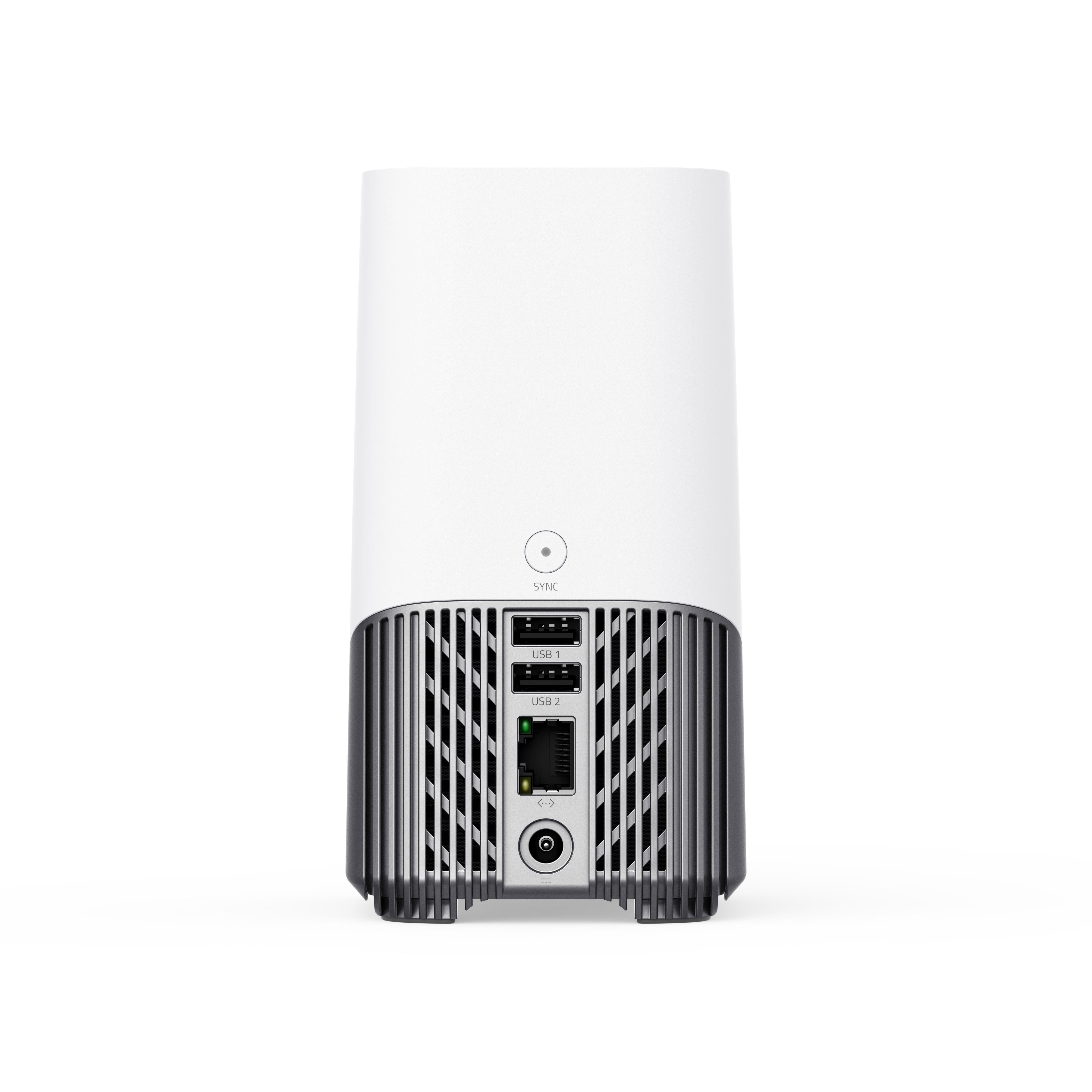 Weißes und schwarzes Gerät mit USB-Anschlüssen und einer Sync-Taste.