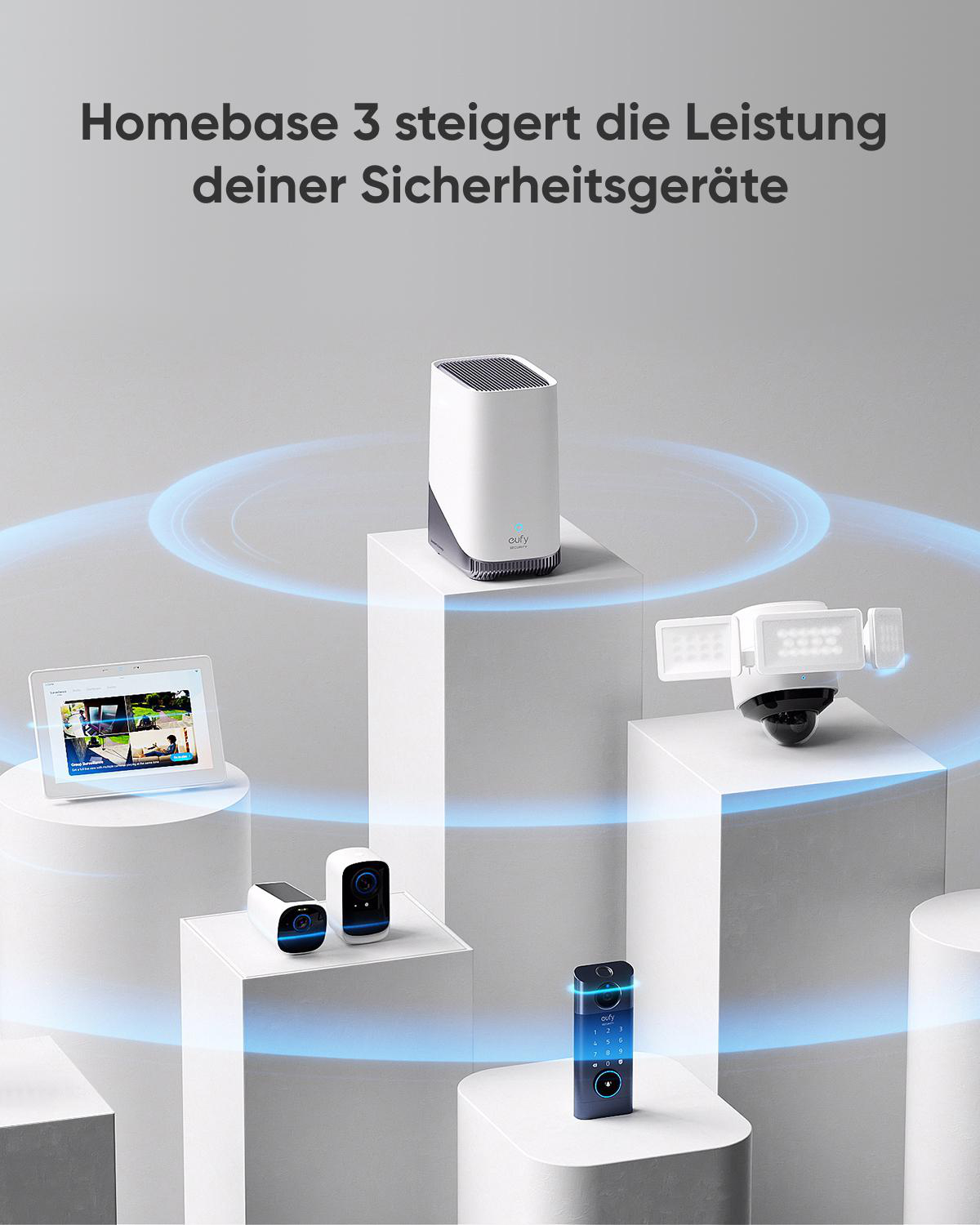 Homebase 3, mehrere Geräte auf Podesten. Blaue Lichtringe um Geräte.