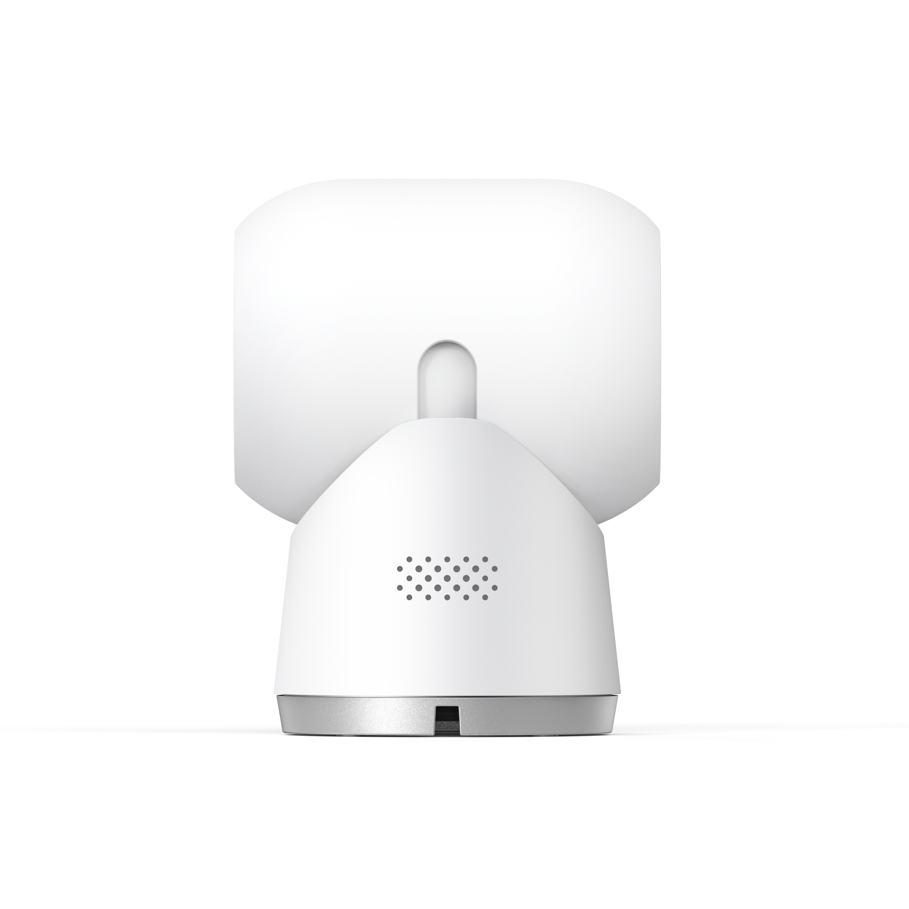Weißes Smart-Home-Gerät. Es hat eine rechteckige Oberseite und eine abgerundete Basis mit Lautsprecher.