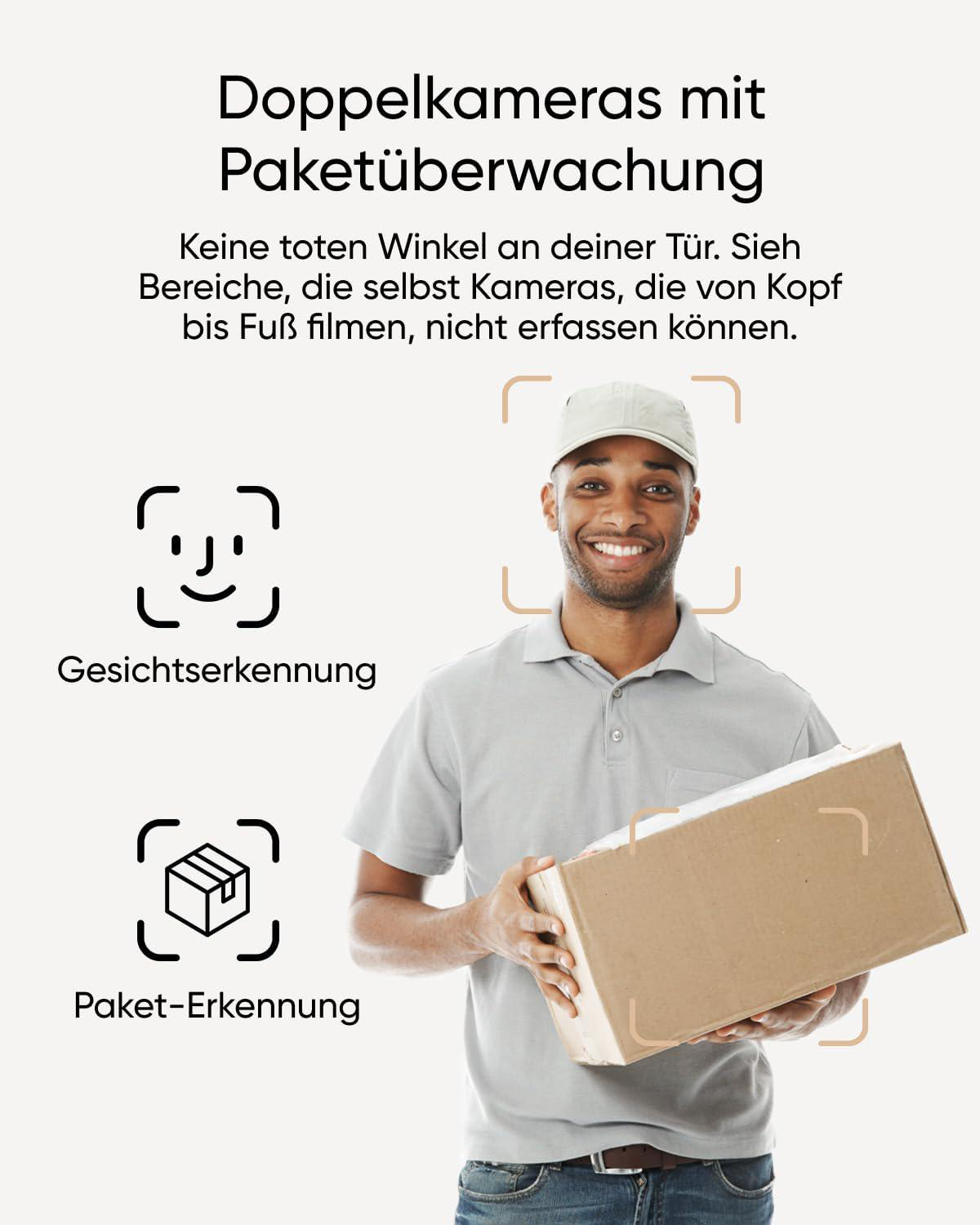 Ein Mann hält ein Paket. Der Text auf Deutsch lautet 'Doppelkameras mit Paketüberwachung', 'Gesichtserkennung' und 'Paket-Erkennung'.