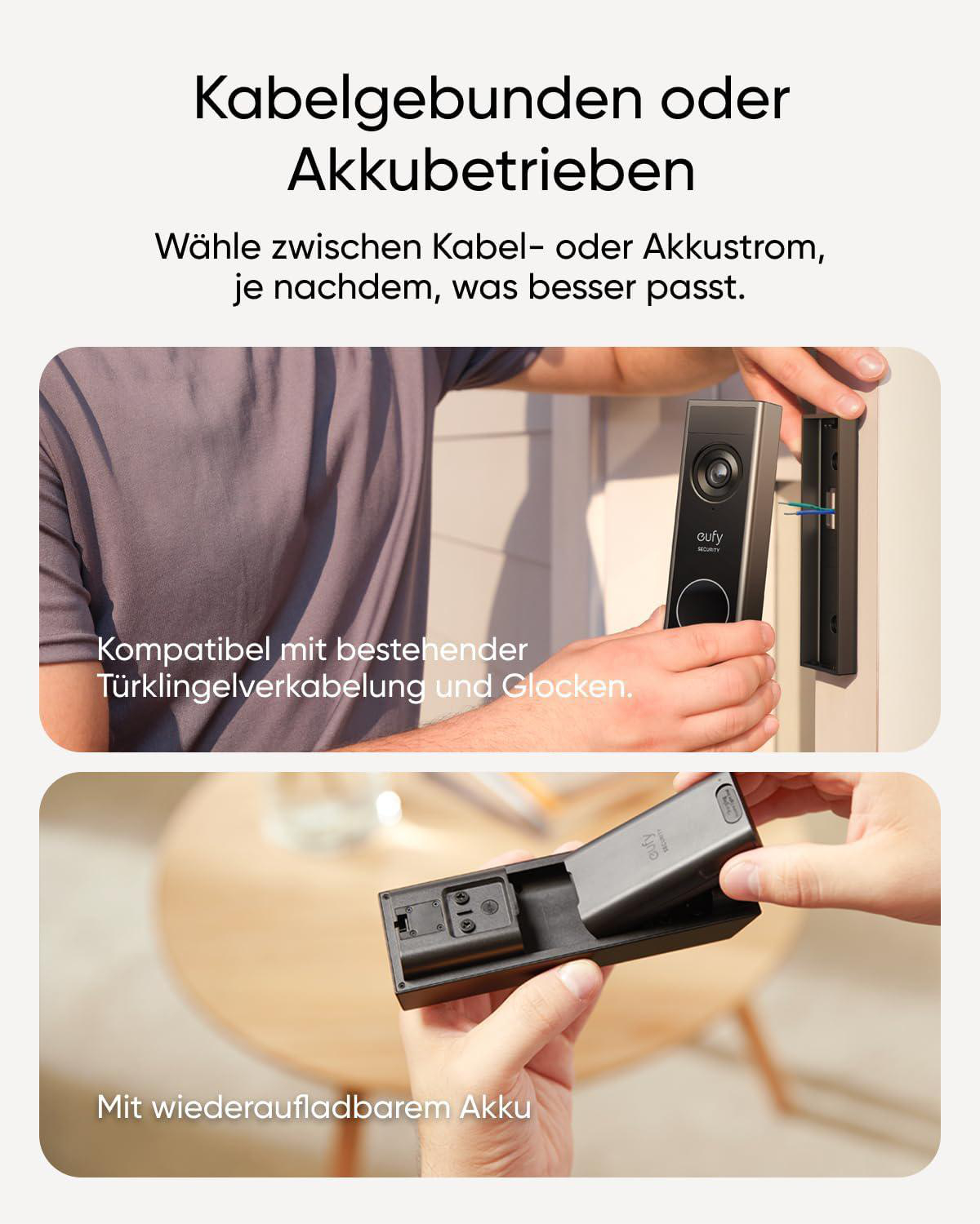 Eine Person, die eine schwarze Türklingel und einen Akku hält. Der Text oben lautet 'Kabelgebunden oder Akkubetrieben'.