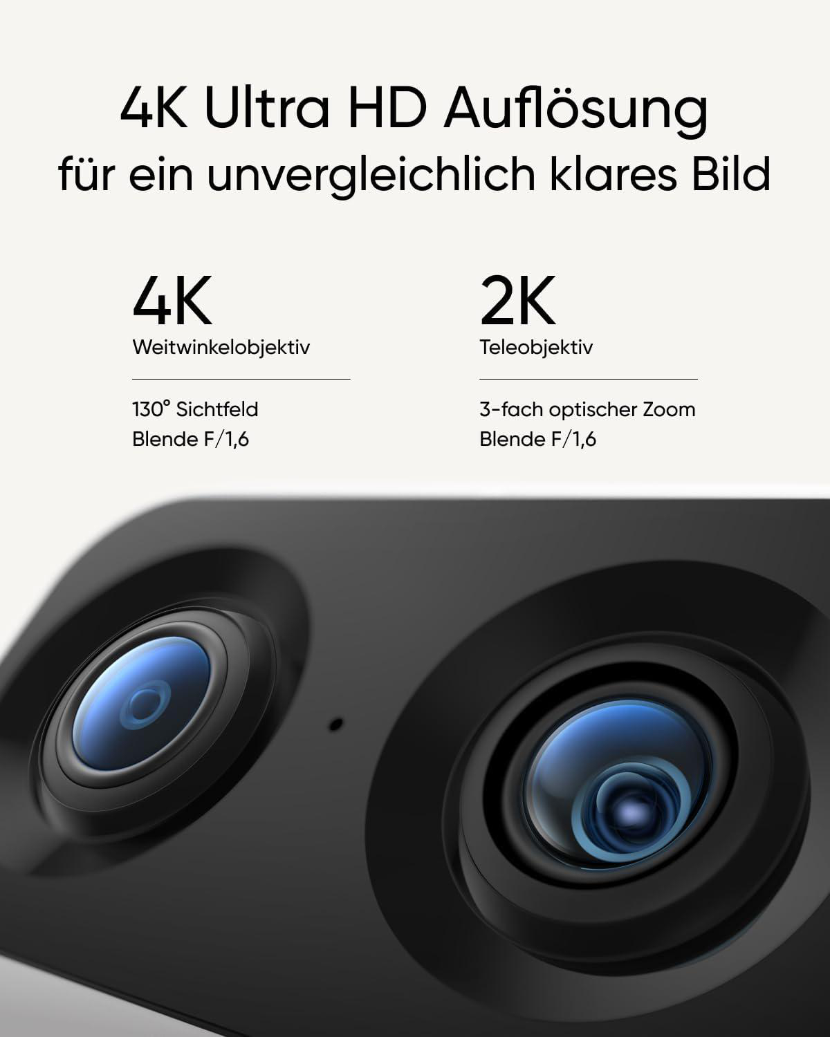 Nahaufnahme eines schwarzen Kameraobjektivs mit Text in Deutsch über 4K-Auflösung und Funktionen.