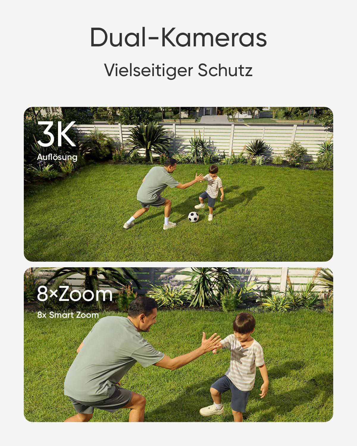 Vater und Sohn spielen mit Ball im Garten. Duale Kameras, Gras.