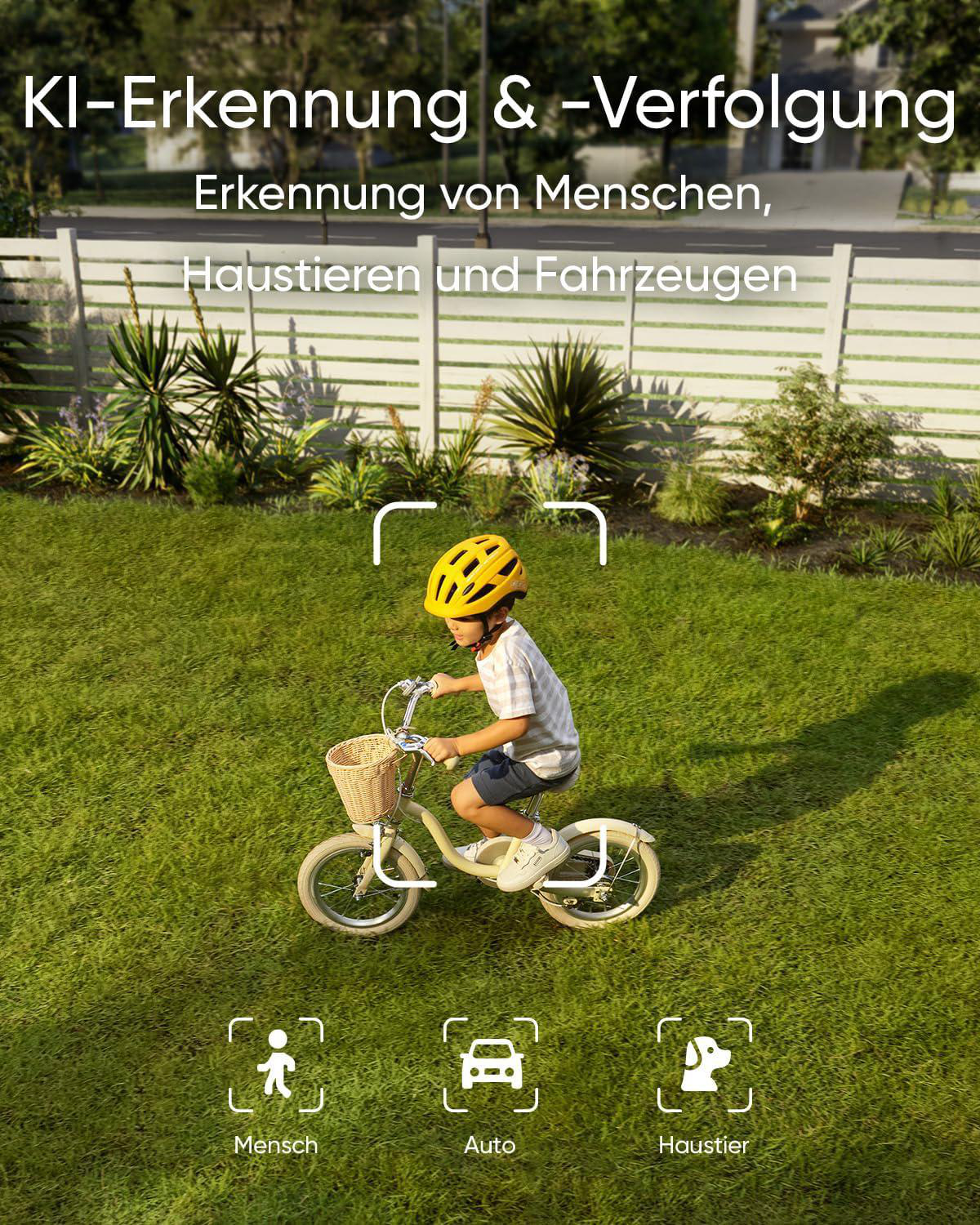 Kind auf Fahrrad auf Gras. Erkennungsrahmen um Person, Auto und Hund.