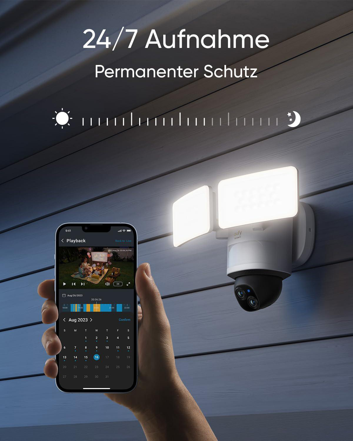 Kamera und Flutlichter an einer Wand. Telefonbildschirm zeigt Wiedergabeschnittstelle.