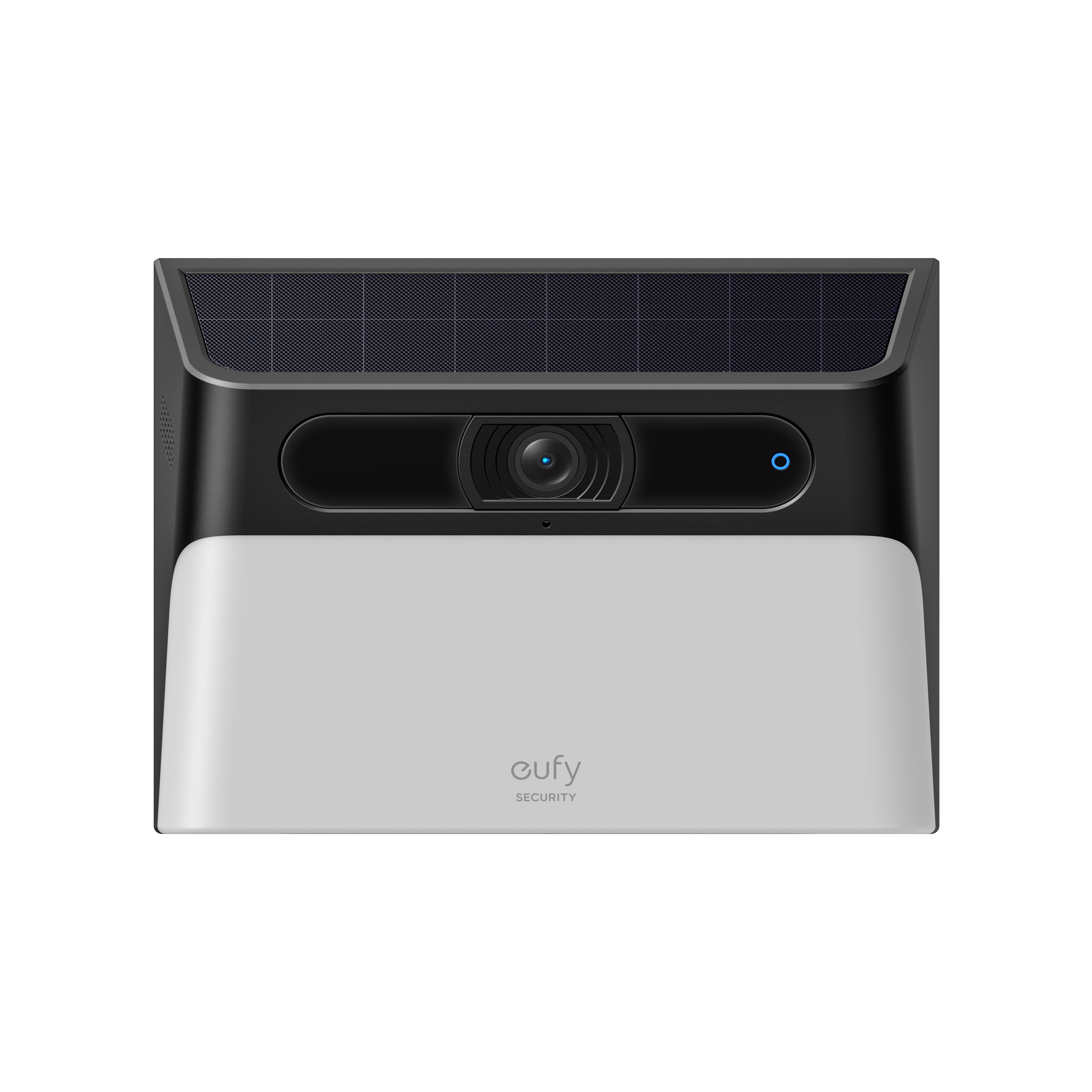 Schwarz-weiße Überwachungskamera mit Solarpanel und 'eufy'-Logo.