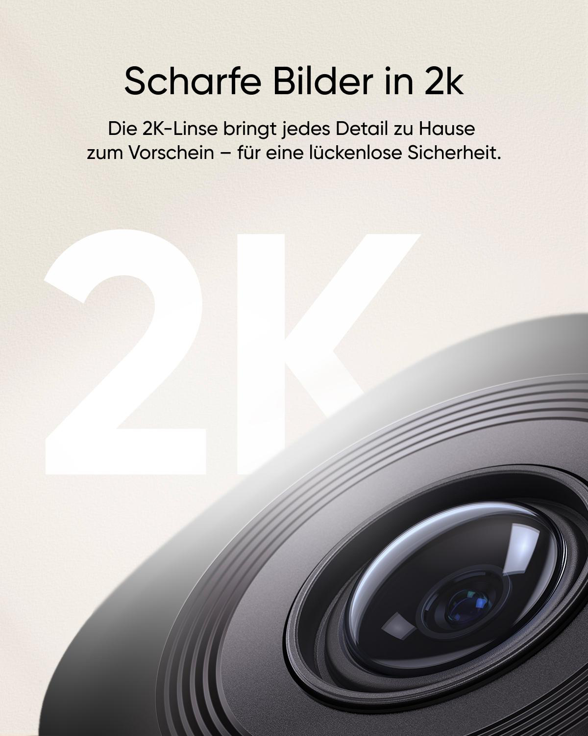 Nahaufnahme eines Kameraobjektivs mit dem Text '2K' und Informationen zur Bildqualität.