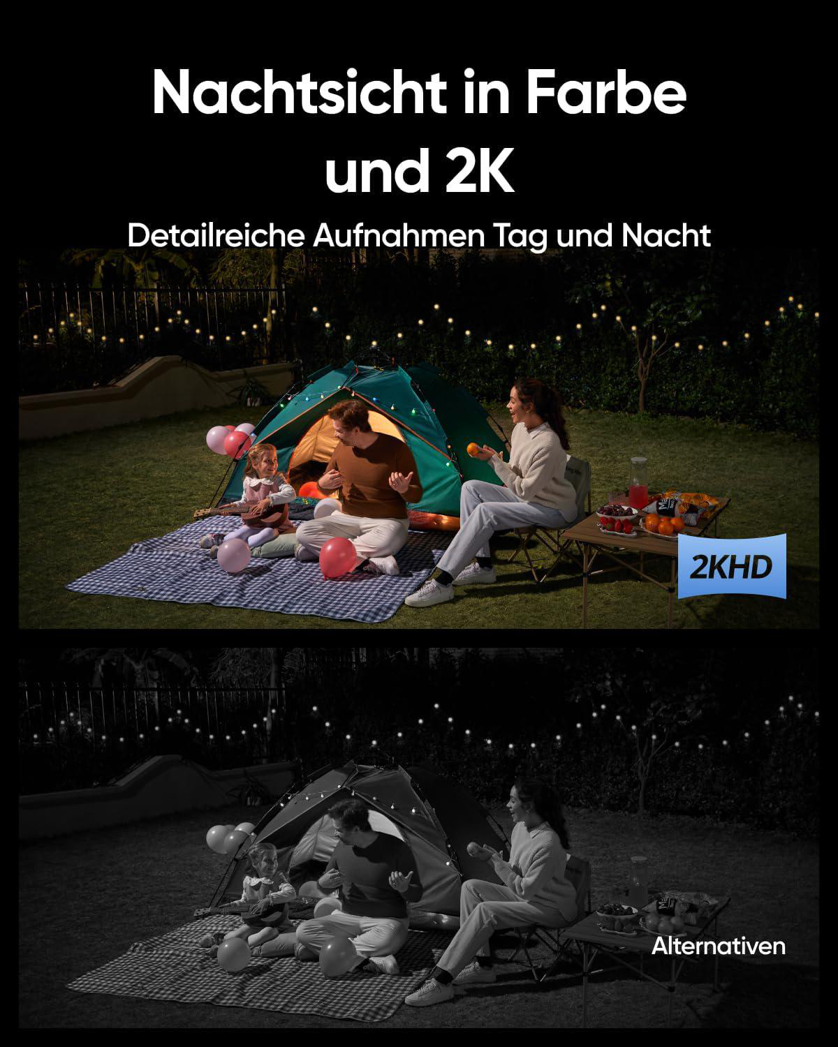 Nachtsichtszene einer Familie auf einem Campingplatz, zwei Bilder nebeneinander.