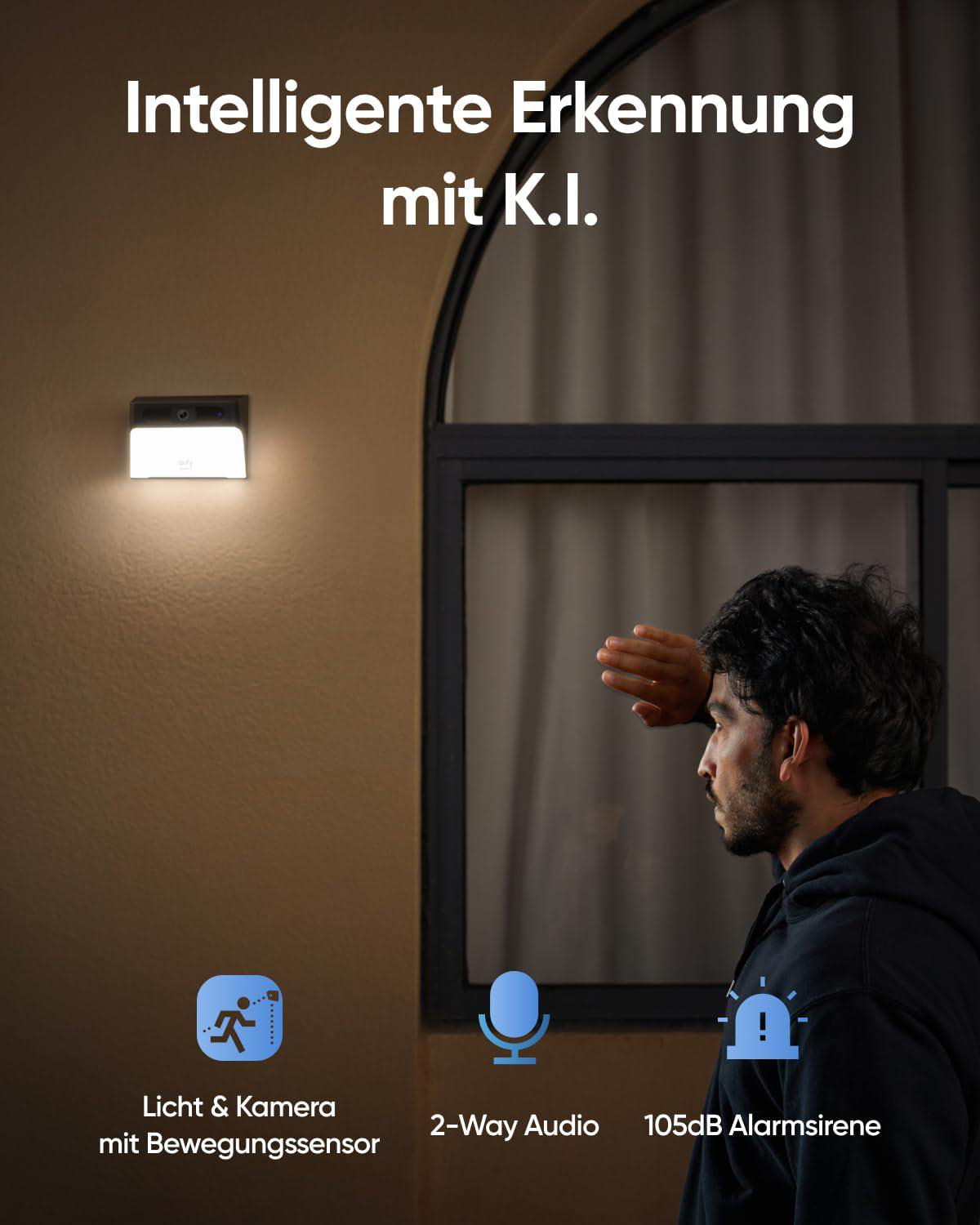 Mann betrachtet Wand-Sicherheitslicht. Symbole zeigen Bewegung, Audio- und Alarmfunktionen.