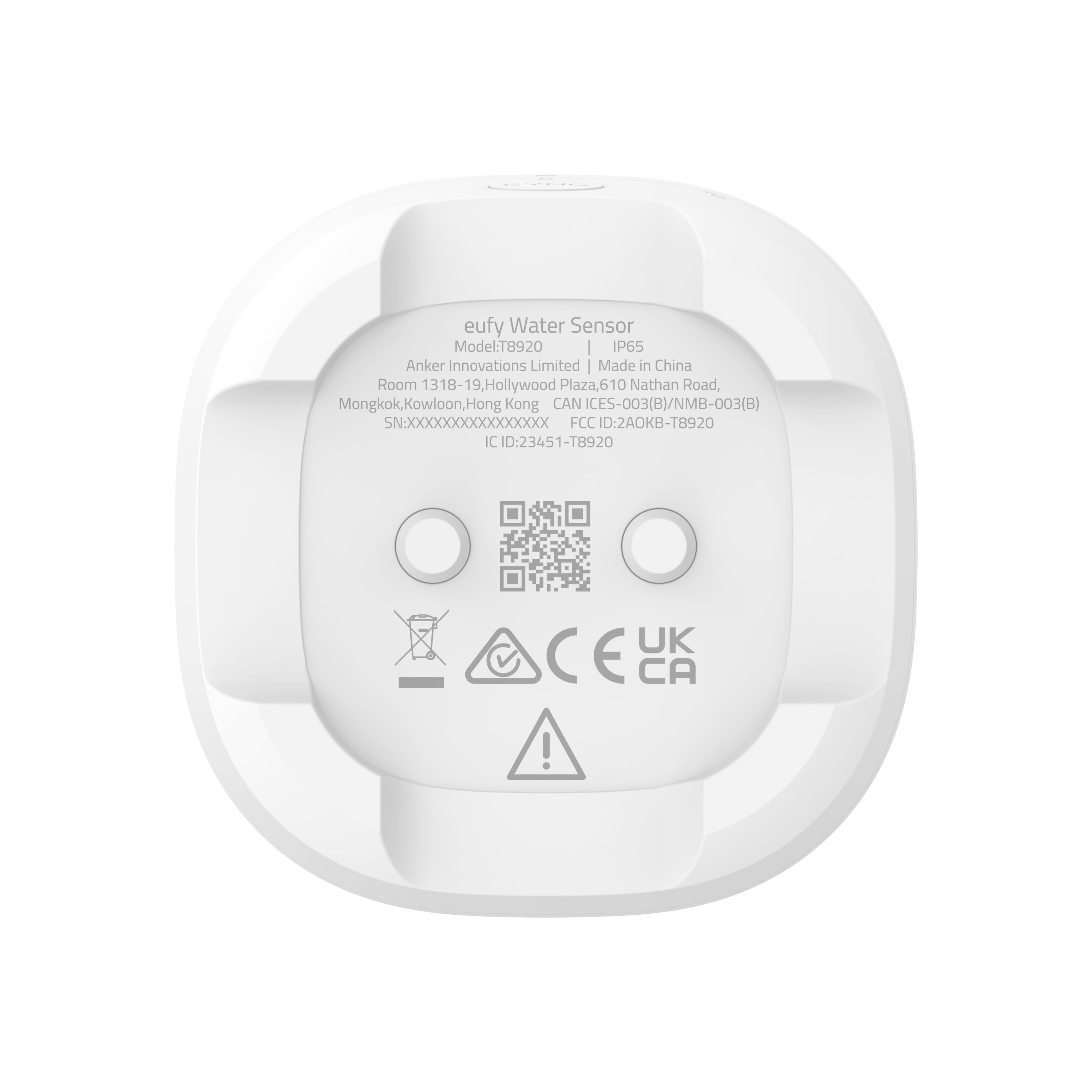 Weißer eufy Wassersensor mit Produktinformationen auf der Rückseite, einschließlich Modell und Zertifizierungen.