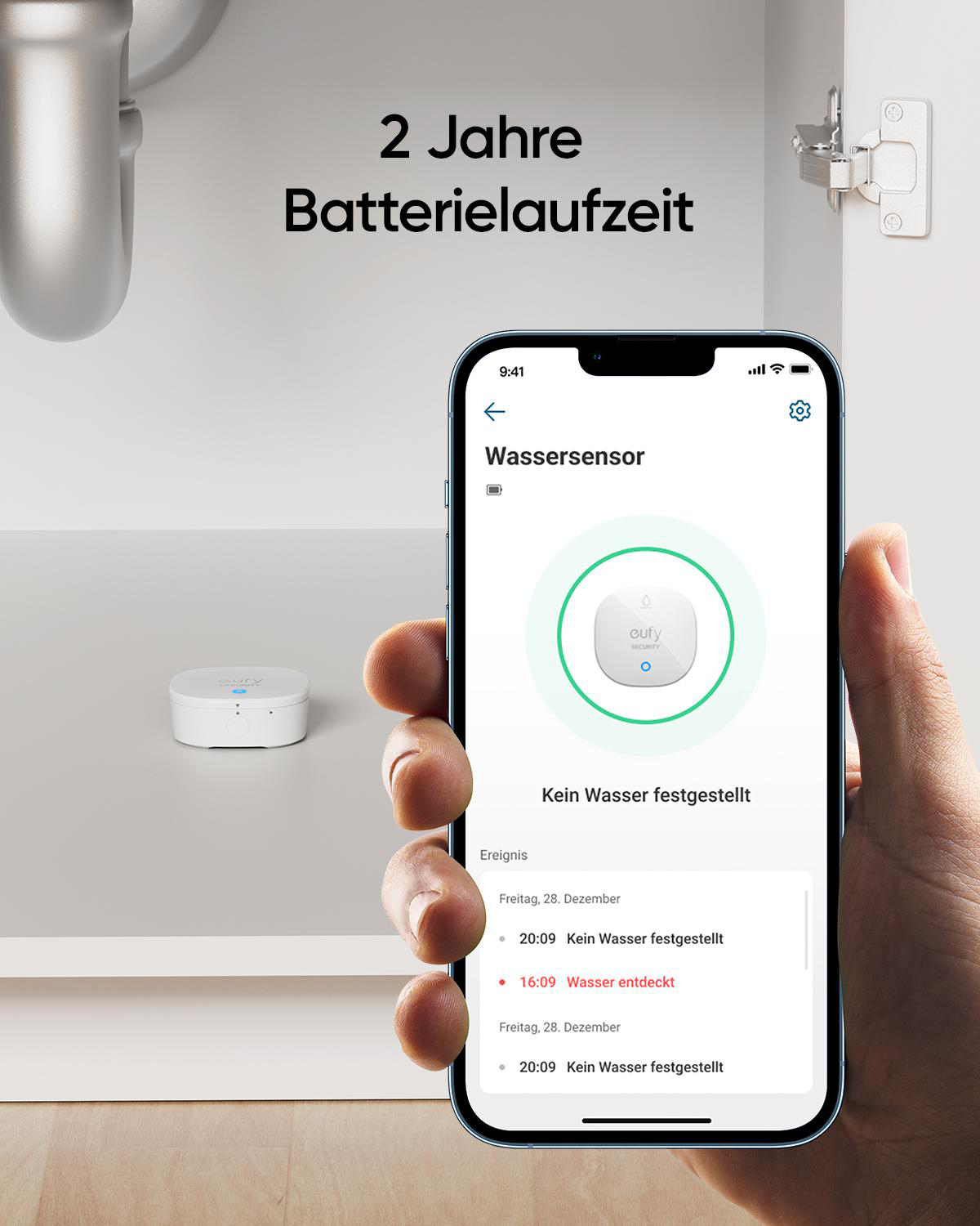 Ein Smartphone mit Sensor und Text über 2 Jahre Akkulaufzeit.