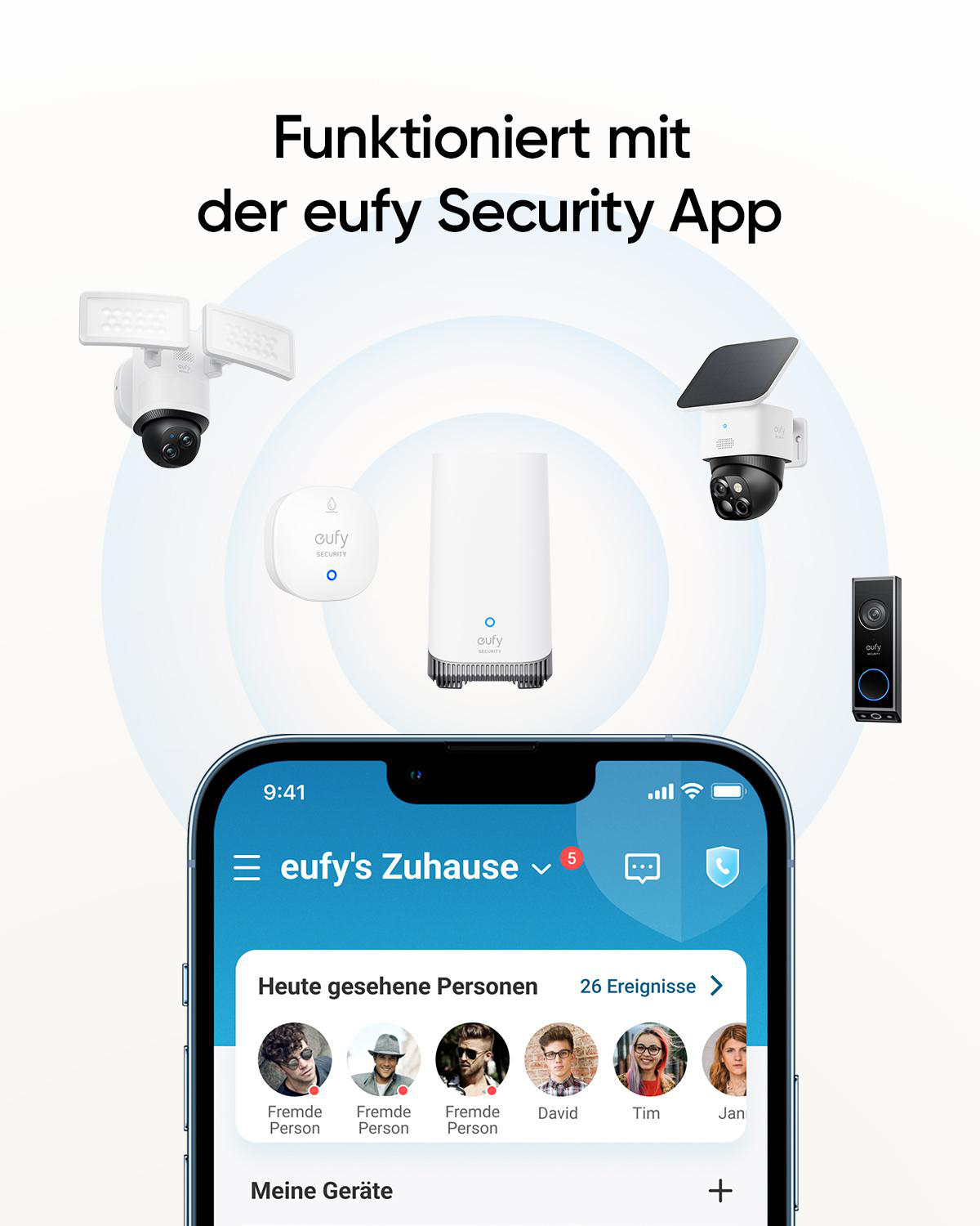 Ein Smartphone-Bildschirm mit der eufy-App. eufy-Geräte werden gezeigt, einschließlich Kameras und Basisstation.