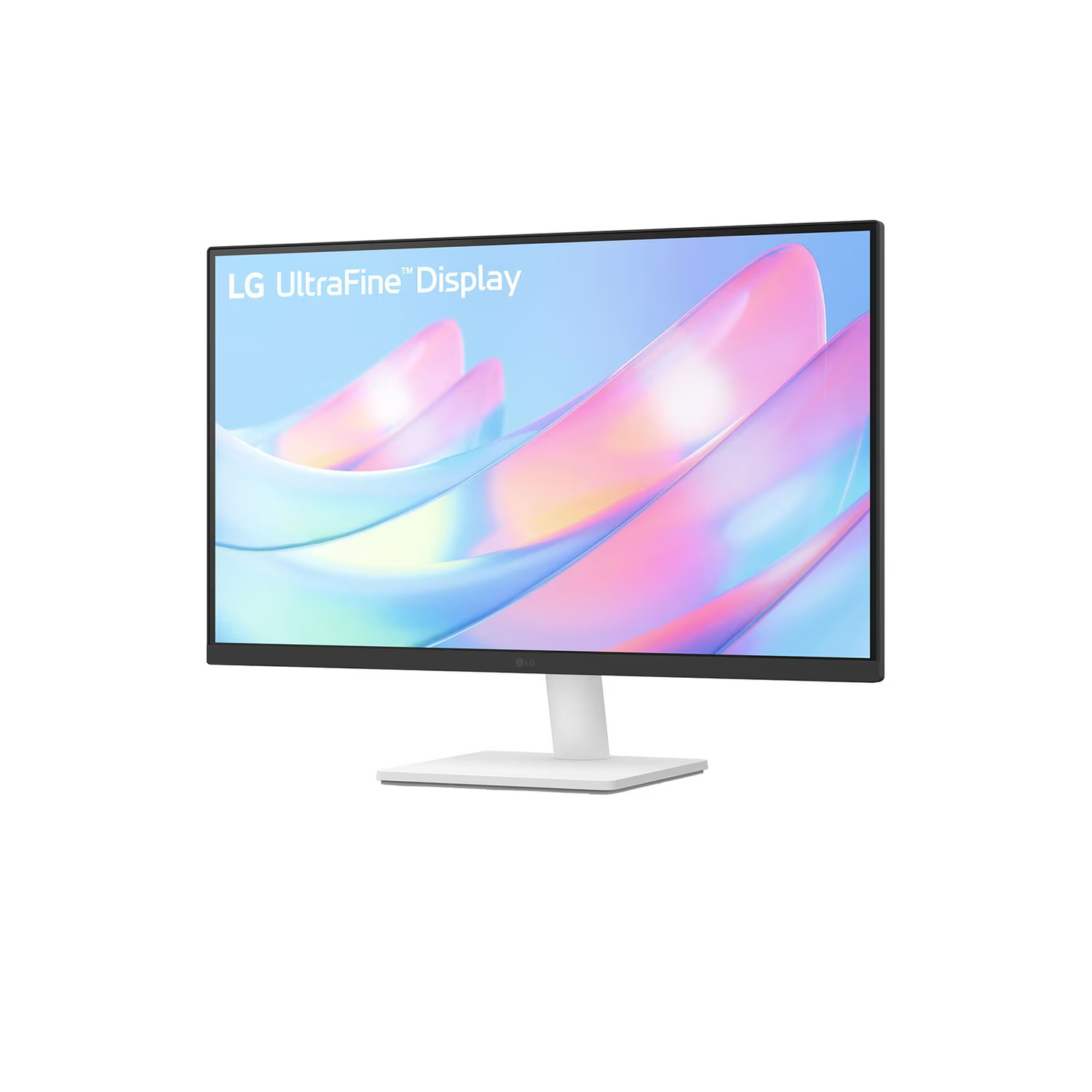 A computer monitor with a white base and a black frame, showing a design.